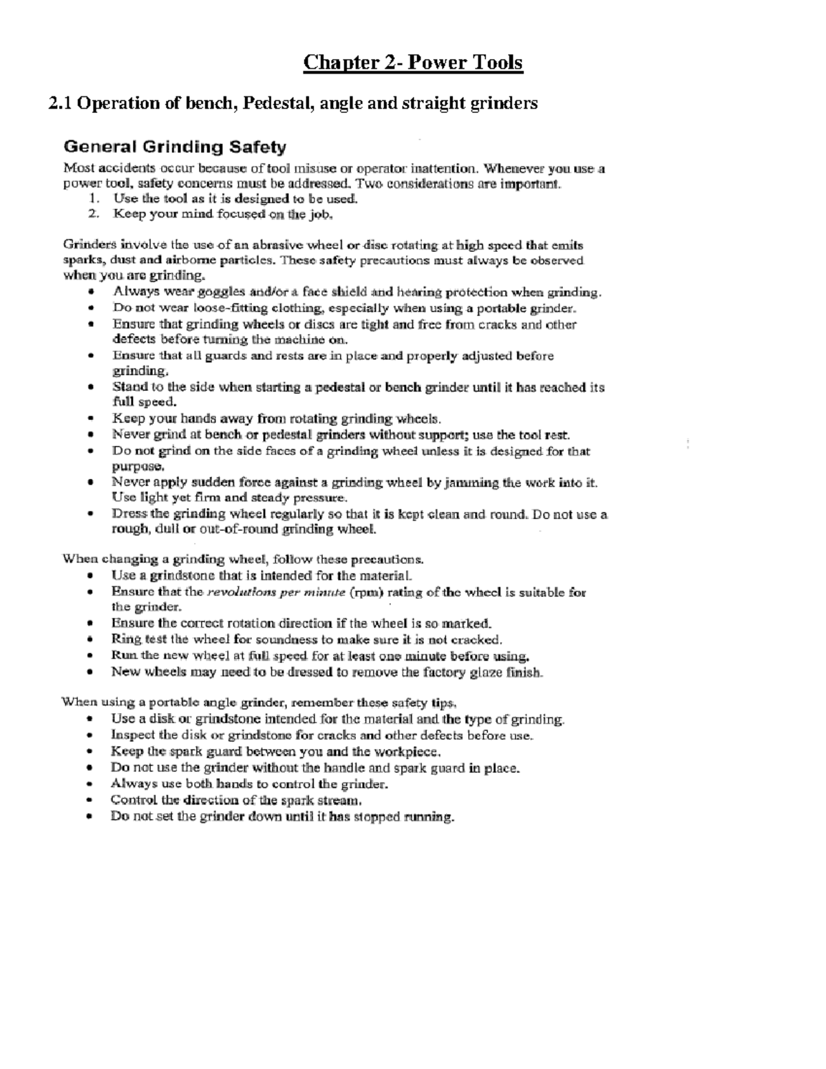 Chapter 2 power tools - Chapter 2- Power Tools 2 Operation of bench ...