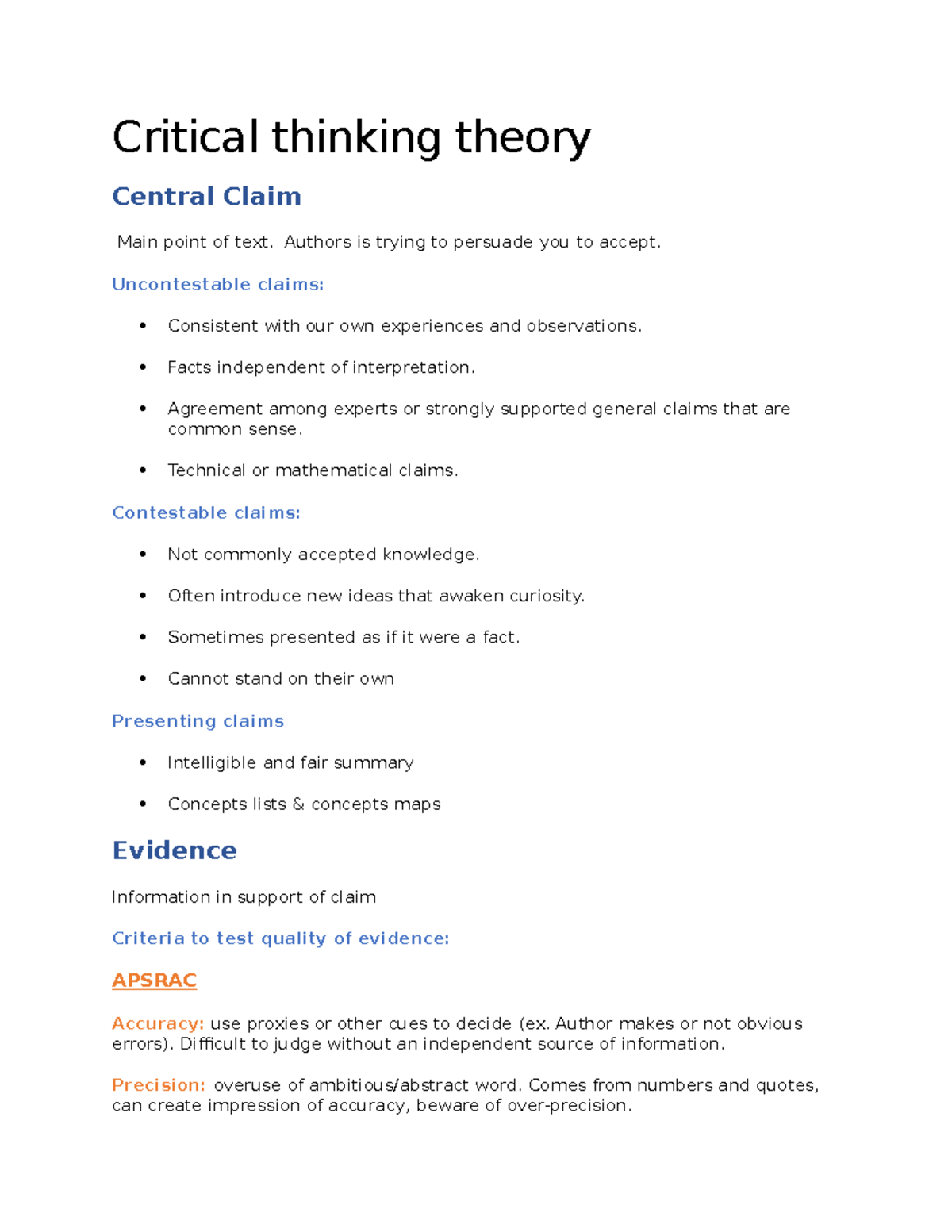 Final notes - Critical thinking theory Central Claim Main point of text ...