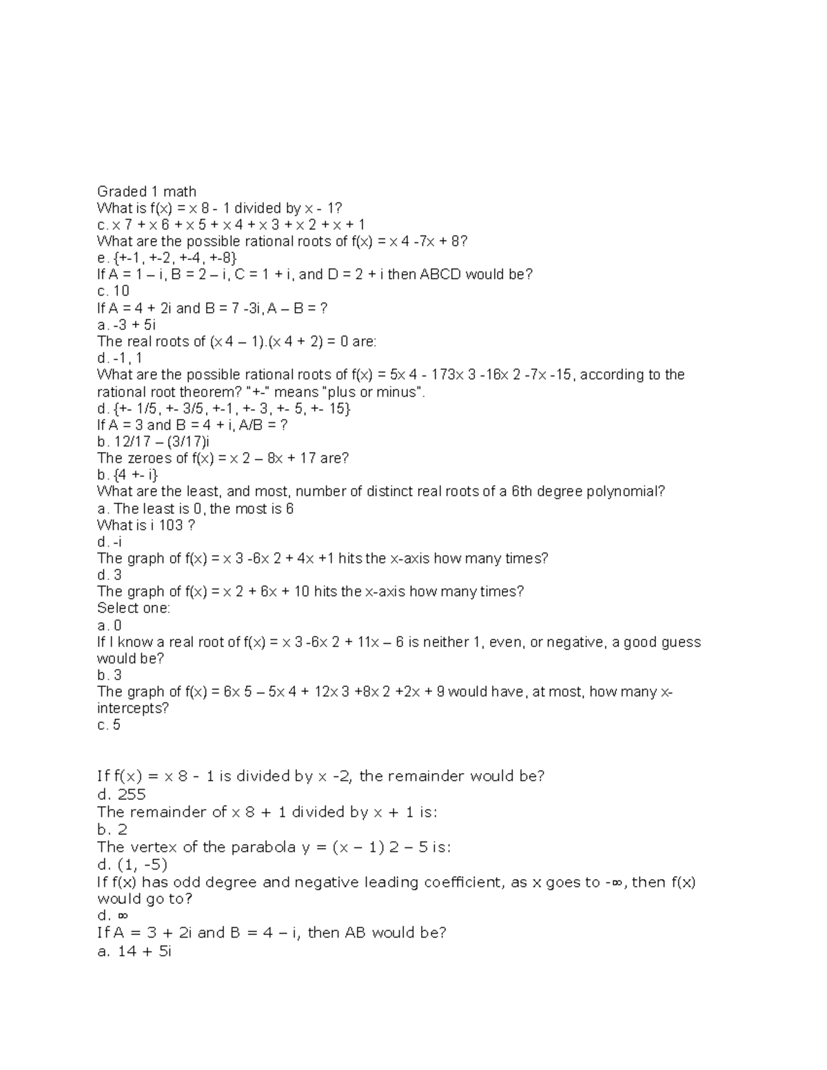 final-exam-and-quizzes-math-1201-graded-1-math-what-is-f-x-x-8-1-divided-by-x-1-c-x-7