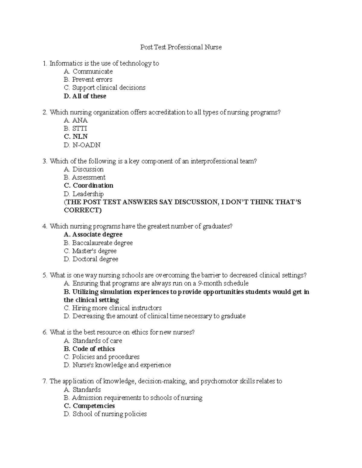 Post Test Professional Nurse - Post Test Professional Nurse Informatics ...
