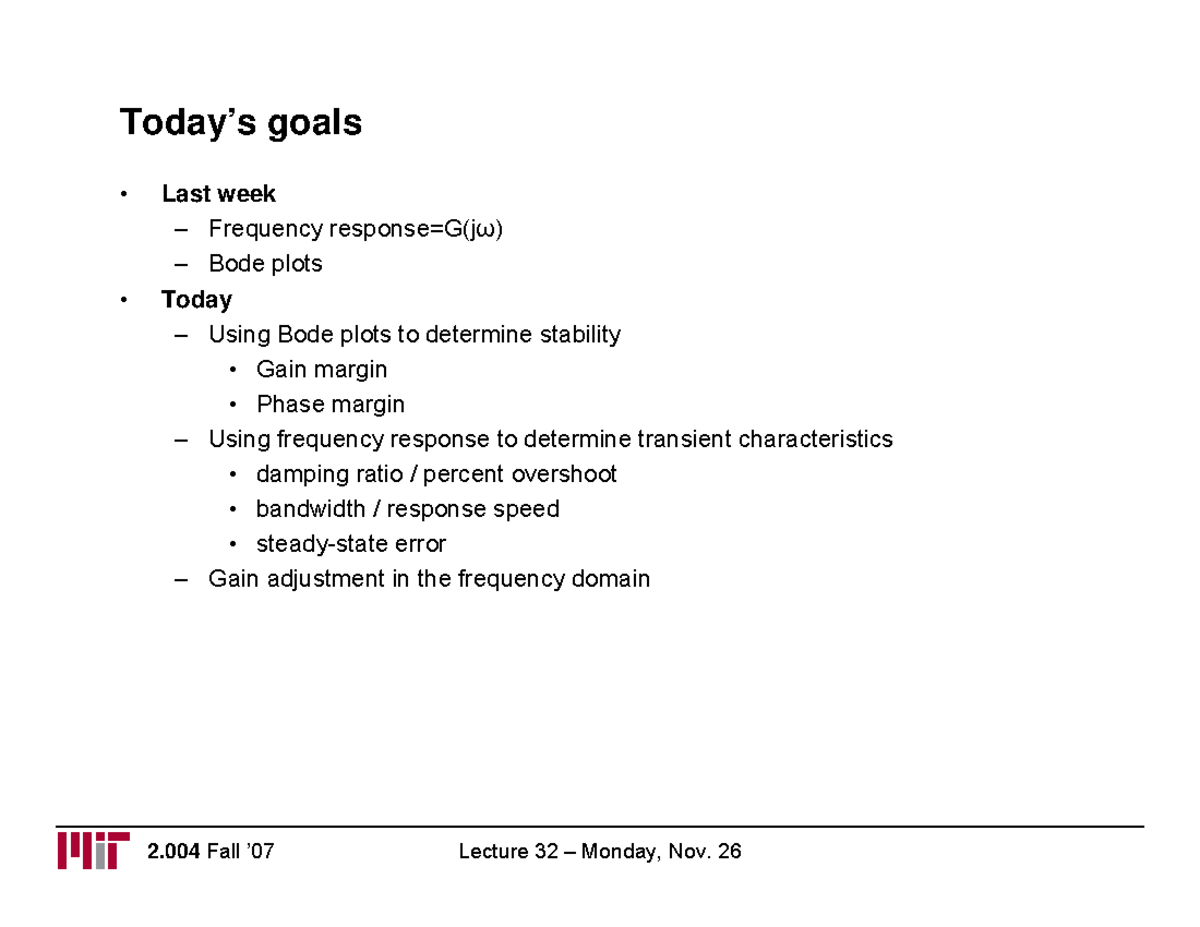 MECH 448-Lec F - MECH 448-Lec F - Today’s goals Last week - Frequency ...