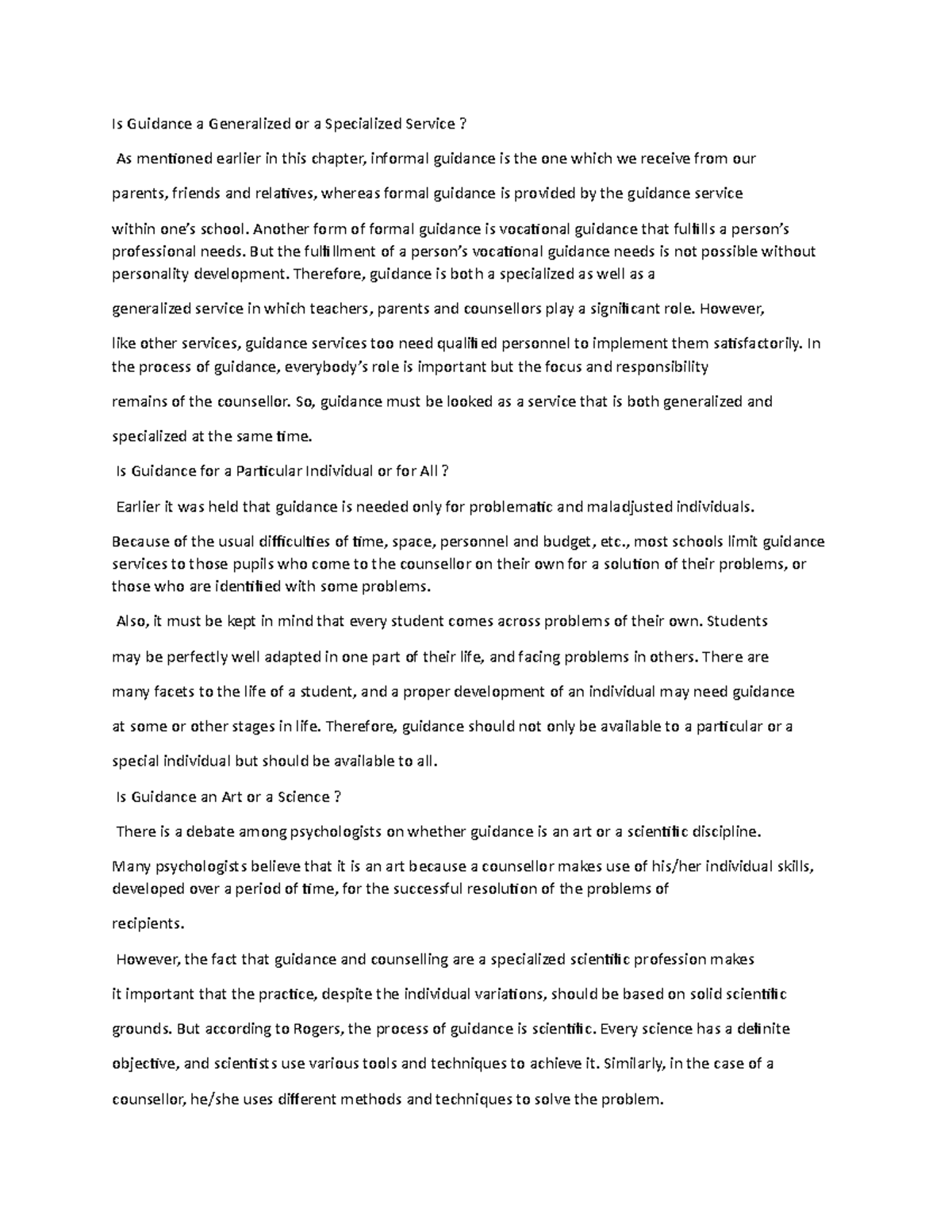 Is Guidance a Generalized or a Specialized Service Another form of