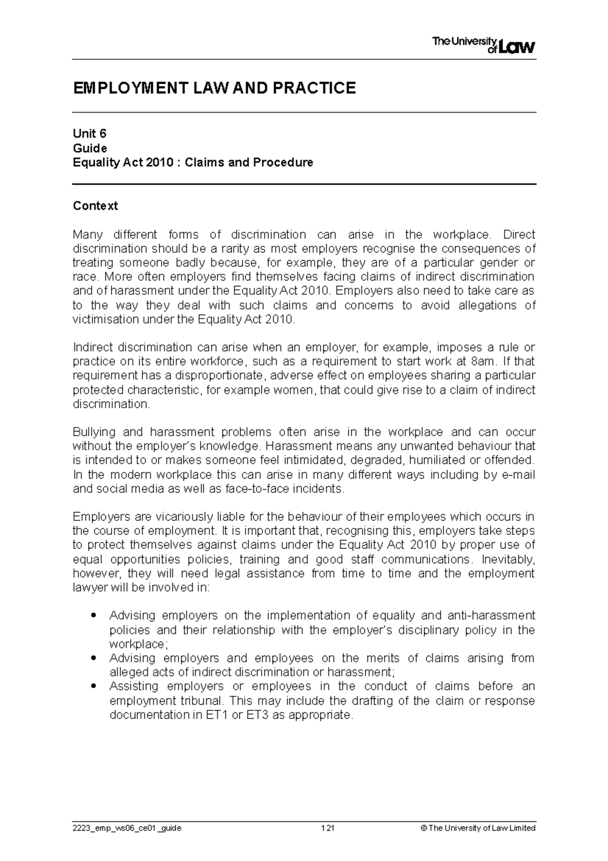 2223 emp ws06 ce01 guide - EMPLOYMENT LAW AND PRACTICE Unit 6 Guide ...