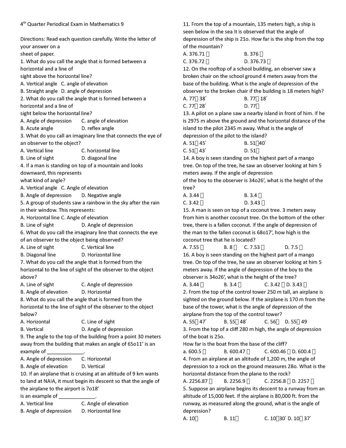 4th Quarter Periodical Exam In Mathematics 9 - Write The Letter Of Your ...