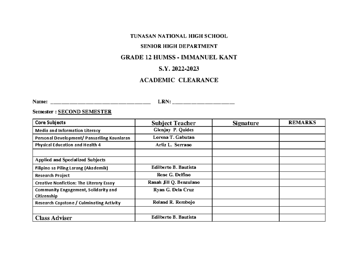 Academic Clearance - DOCU - TUNASAN NATIONAL HIGH SCHOOL SENIOR HIGH ...