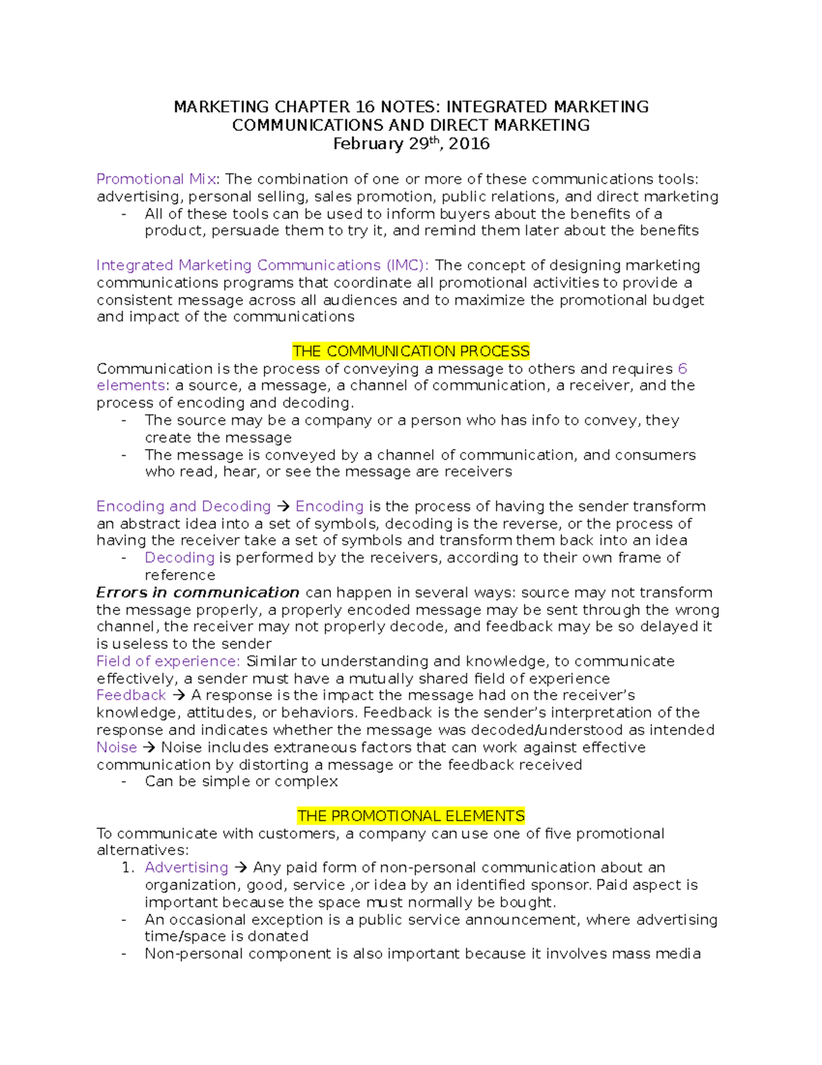 Marketing Chapter summary 16 Notes - MARKETING CHAPTER 16 NOTES ...