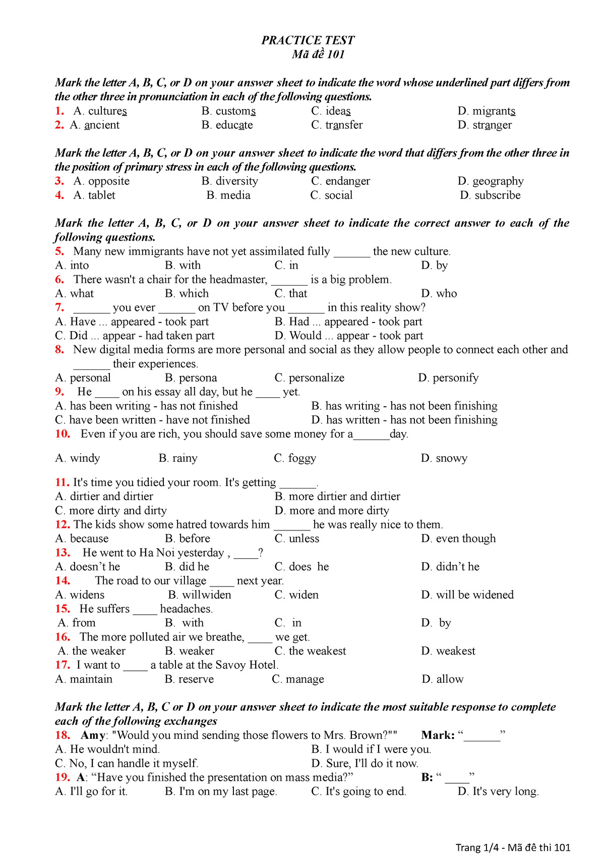 Practice Mid Term Test - PRACTICE TEST Mã đề 101 Mark The Letter A, B ...