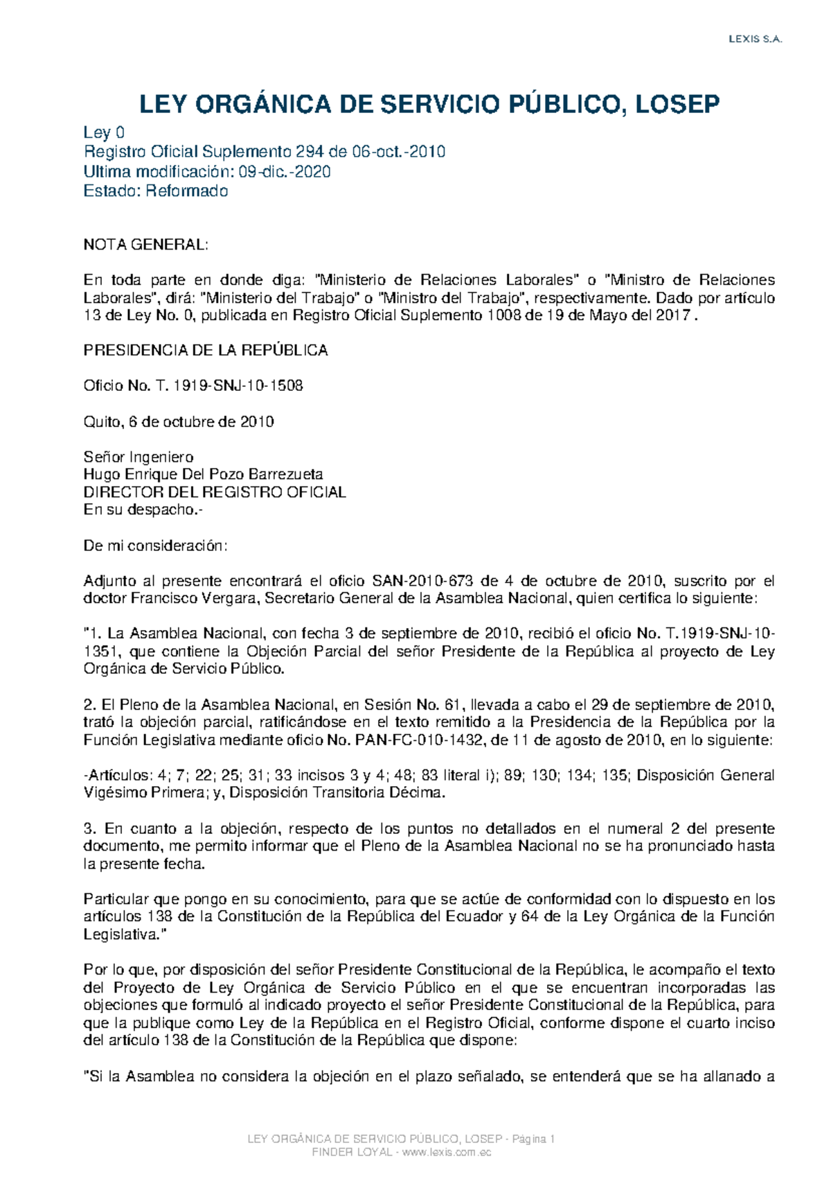 Ley Orgánica de Servicio Público - Losep - LEY ORGÁNICA DE SERVICIO ...