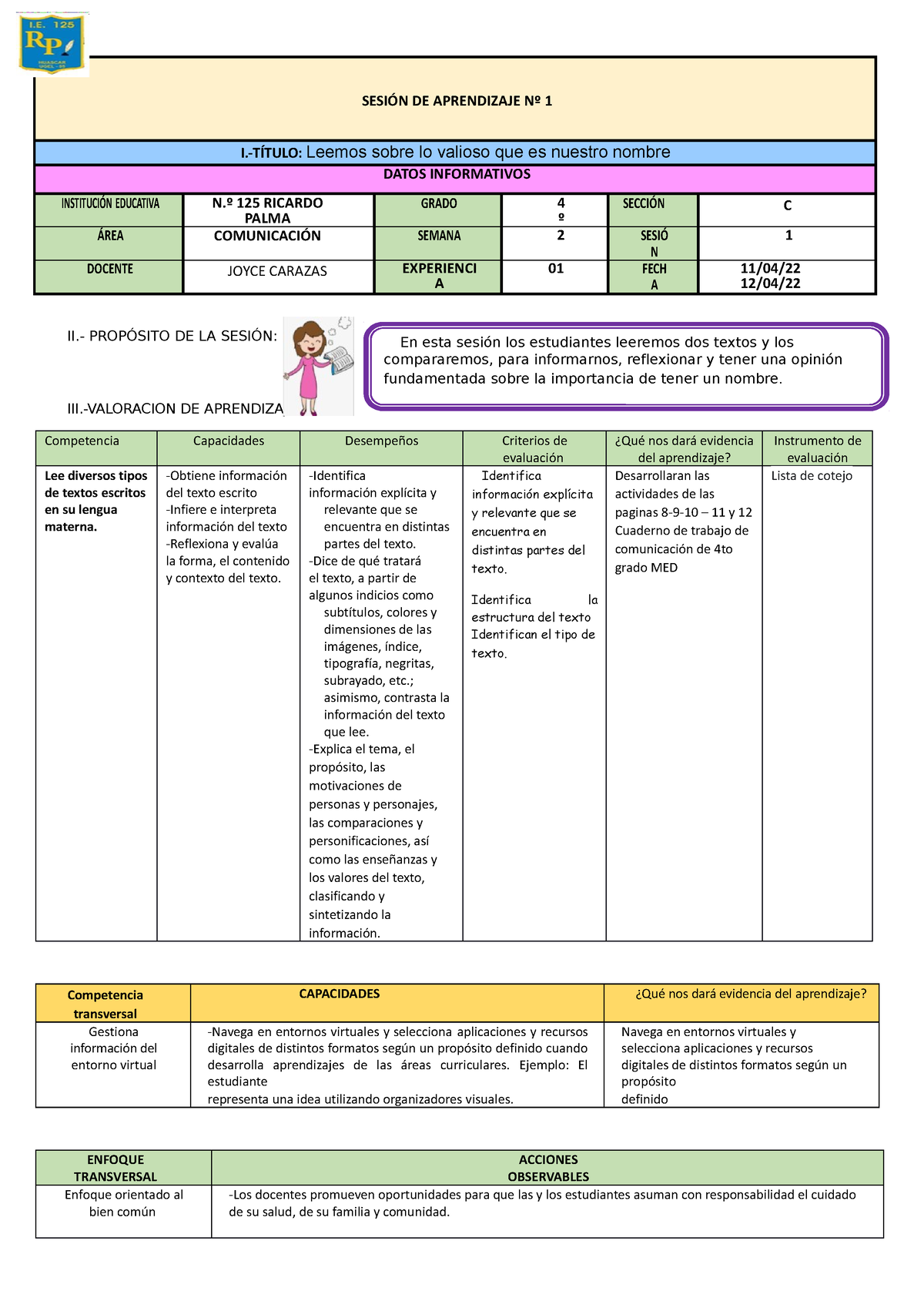 Sesion 1 Comunicacion - Educación - SESIÓN DE APRENDIZAJE Nº 1 I ...