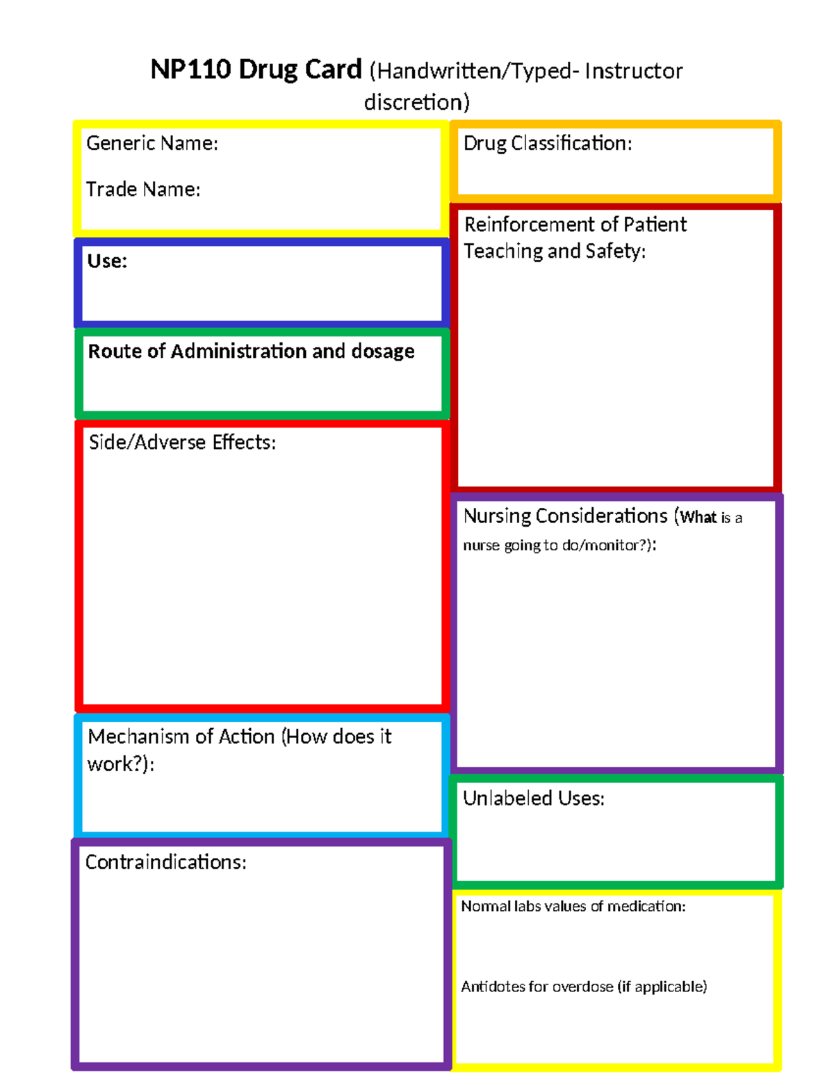 Drug card template (CBM) - NP110 Drug Card (Handwritten/Typed ...