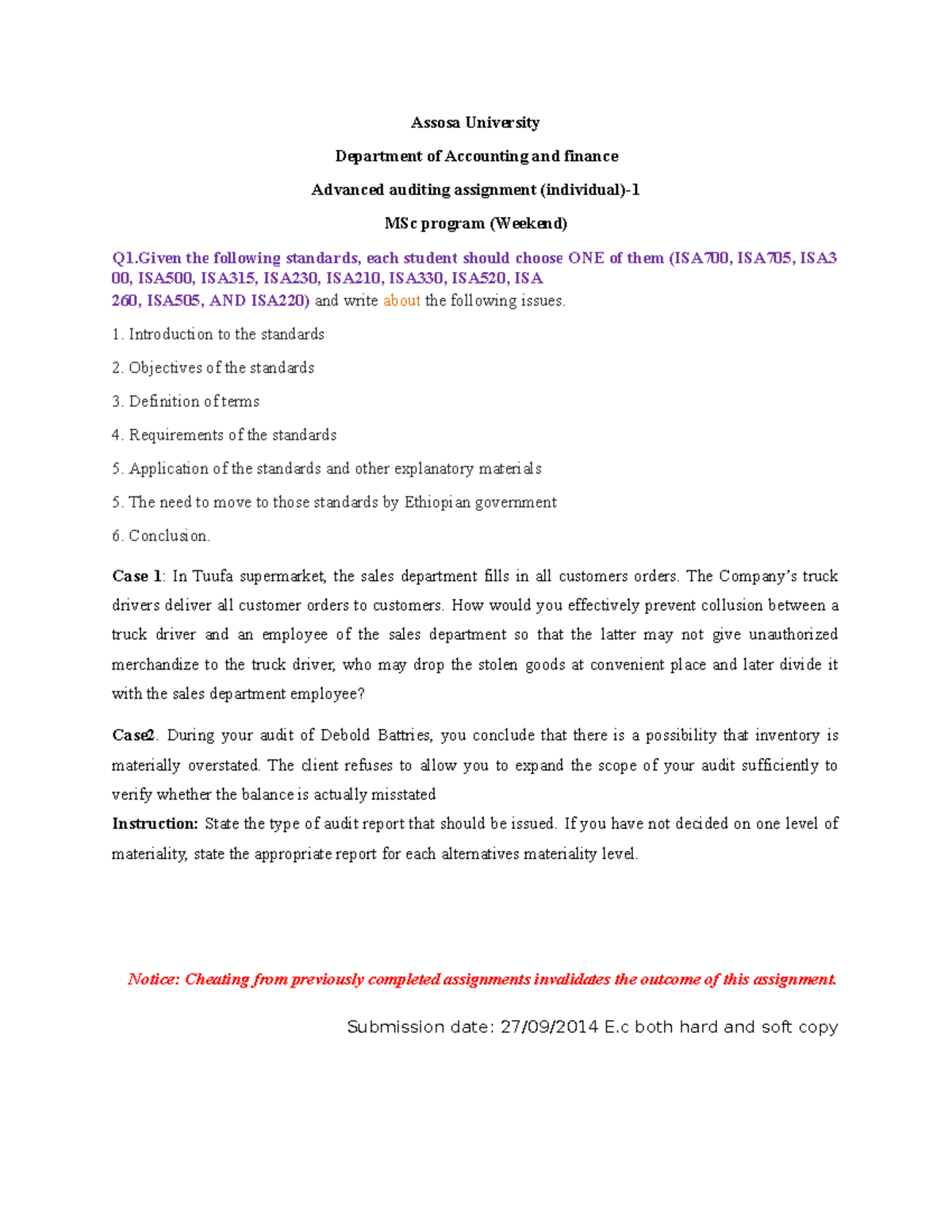 Advanced auditing Individual assigment(20%) - Assosa University ...