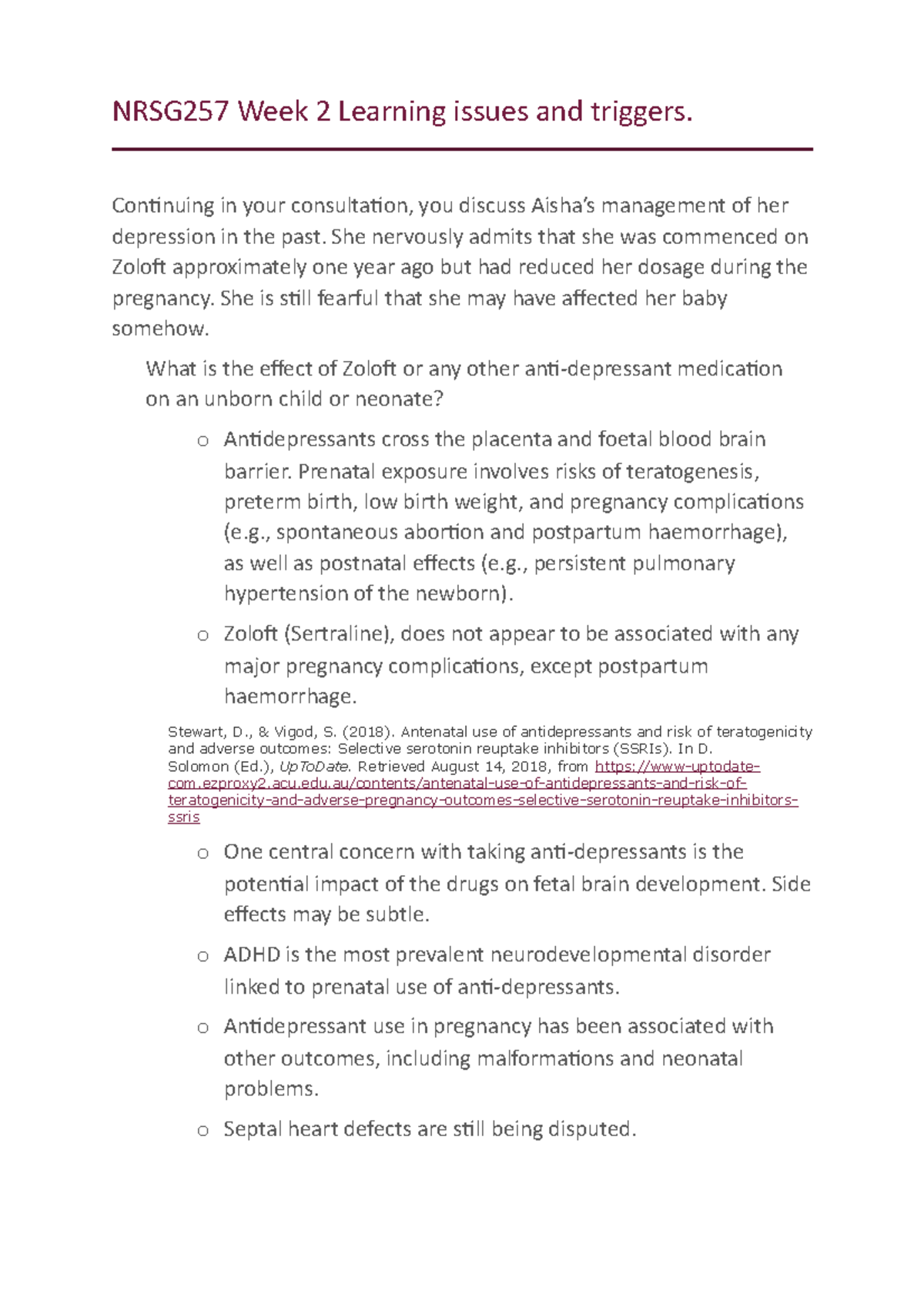 Week 2 - Lecture notes 2 - NRSG257 Week 2 Learning issues and triggers ...