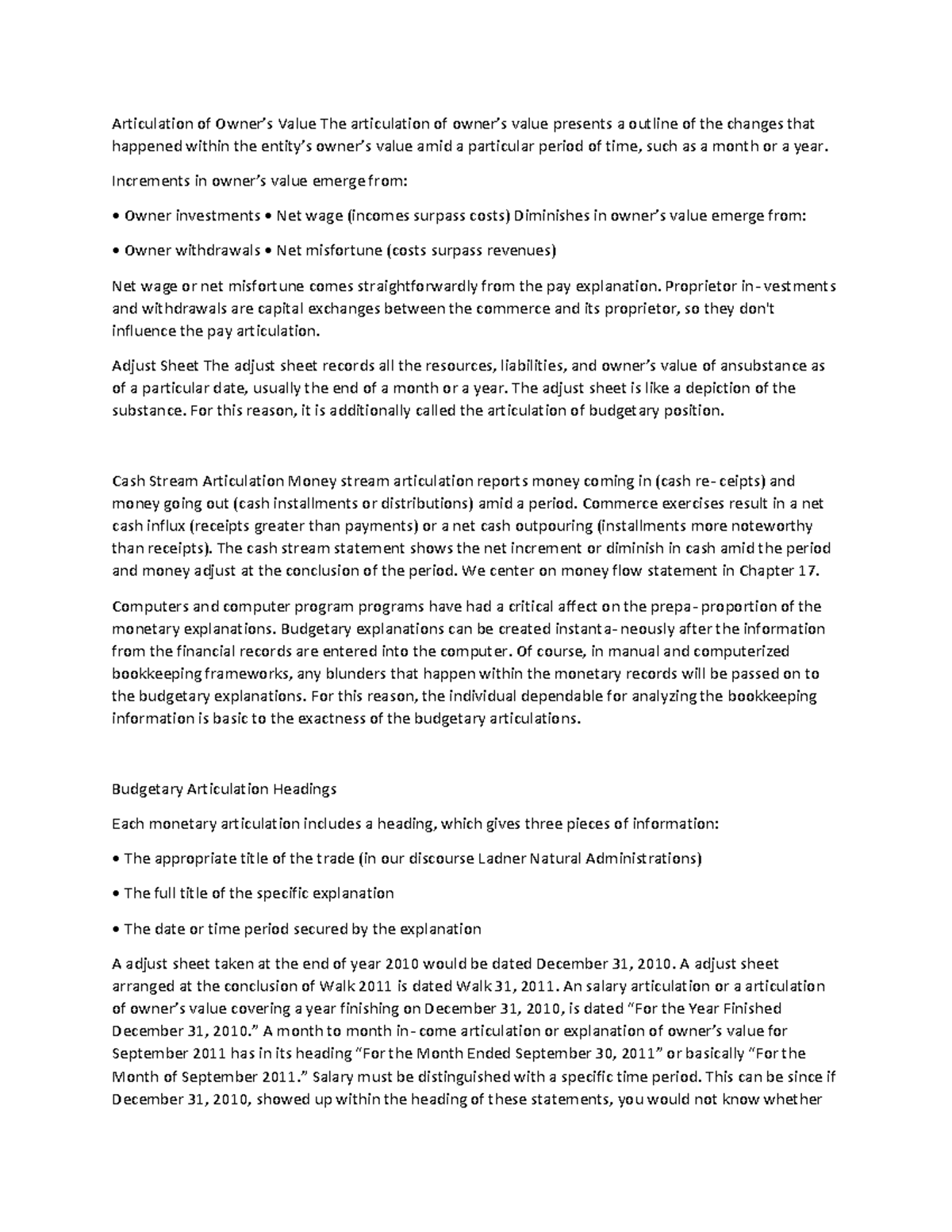 Accounting-9 - N/A - Articulation of Owner’s Value The articulation of ...