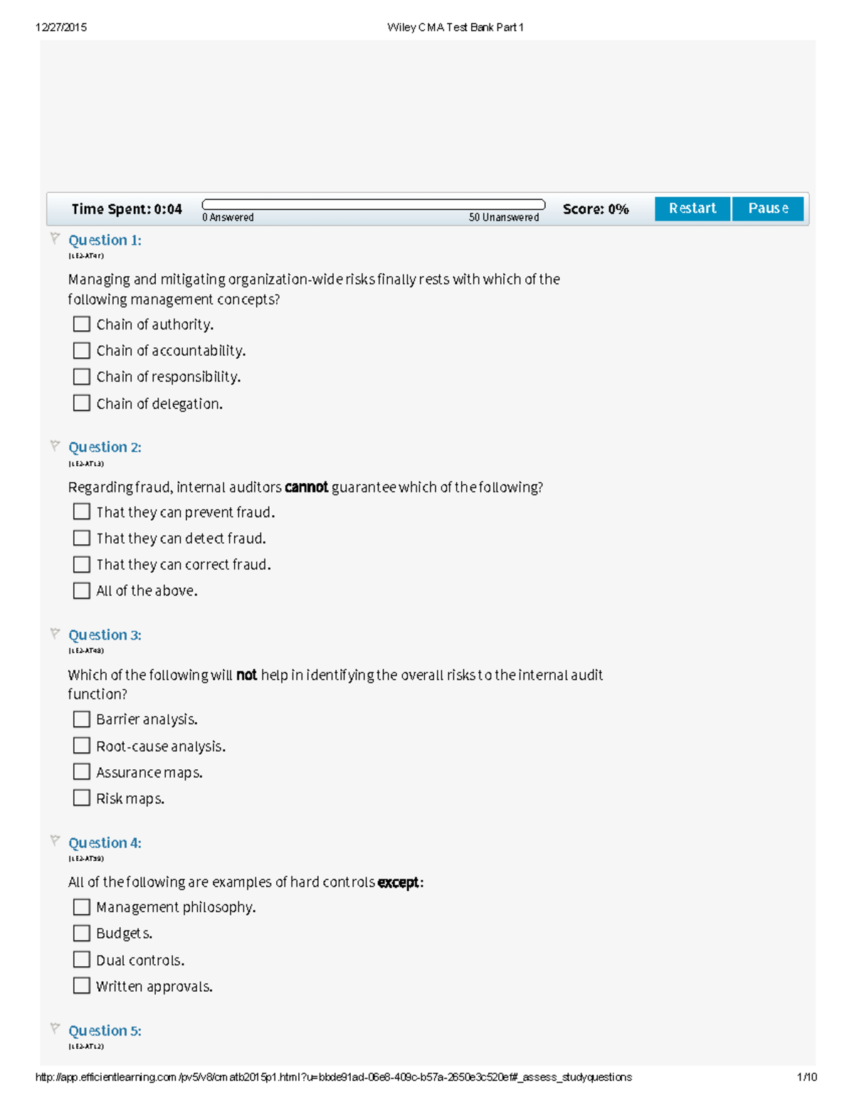 E2 Internal Auditing (Without Answer) - Time Spent: 0:04 0 Answered 50 ...