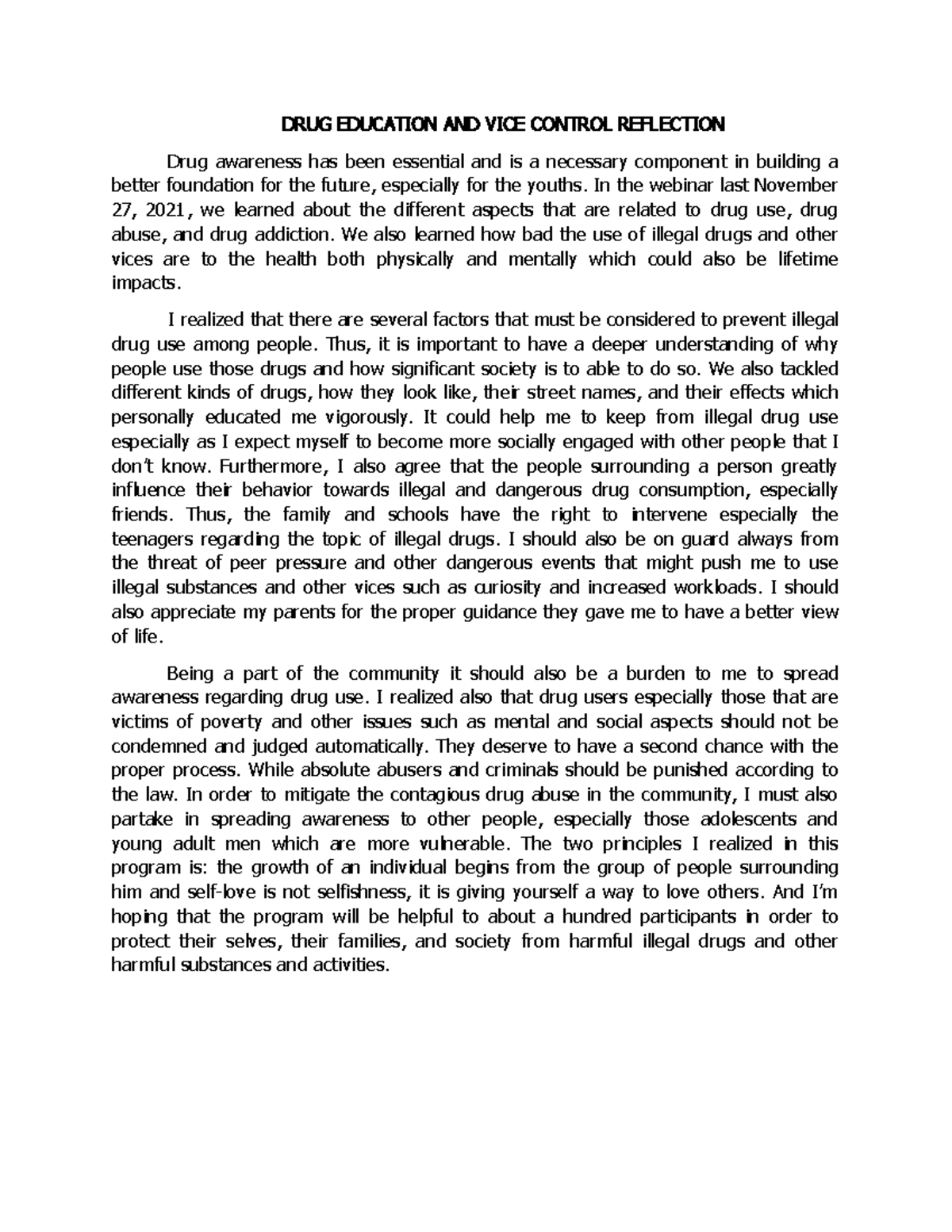 example of reflection paper about drug education