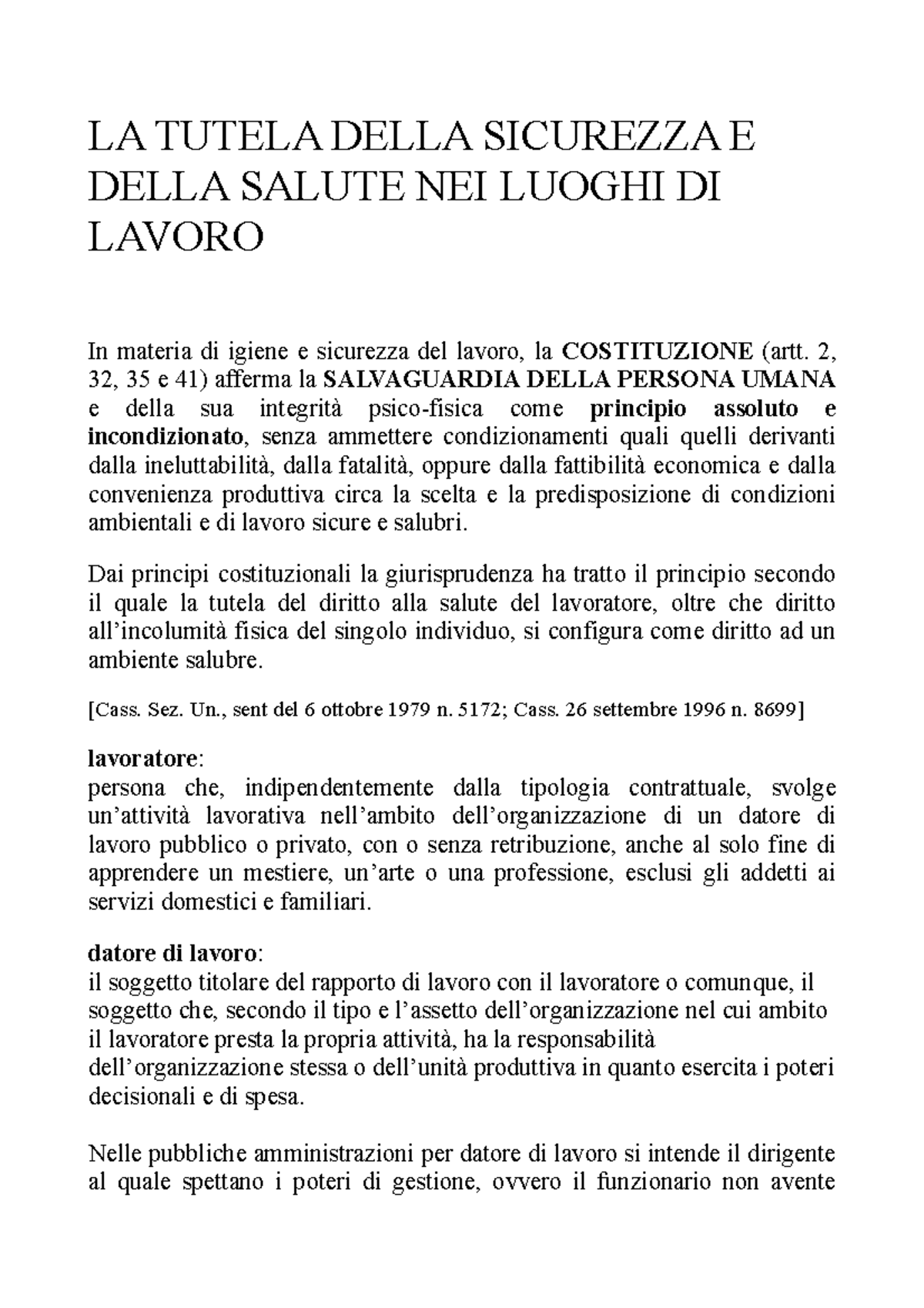 Sicurezza Sul Lavoro 1 La Tutela Della Sicurezza E Della Salute Nei