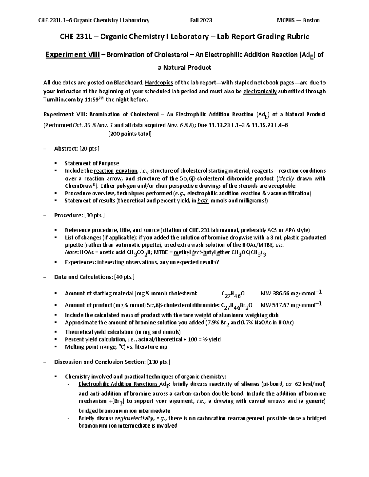 CHE.231L.16 Experiment VIII Bromination of Cholesterol An