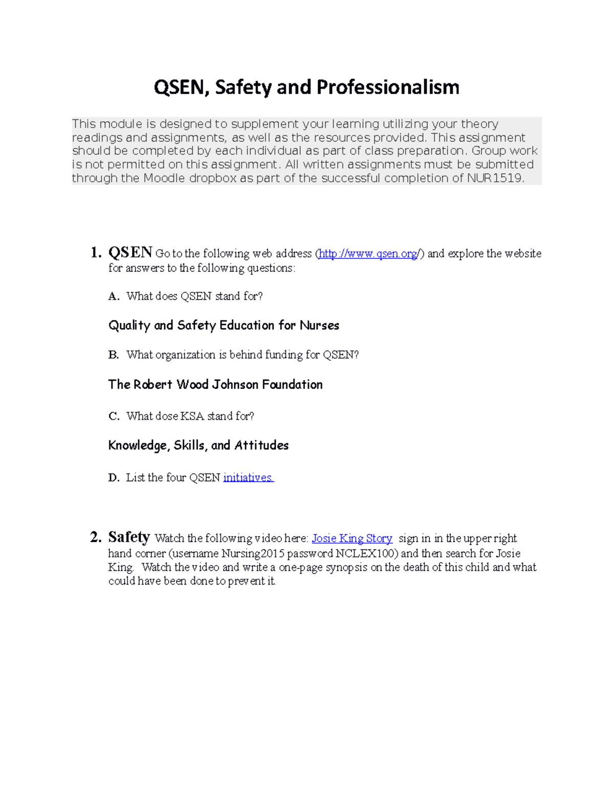 QSEN Safety and Professionalism Sp23 (1) - QSEN, Safety and ...