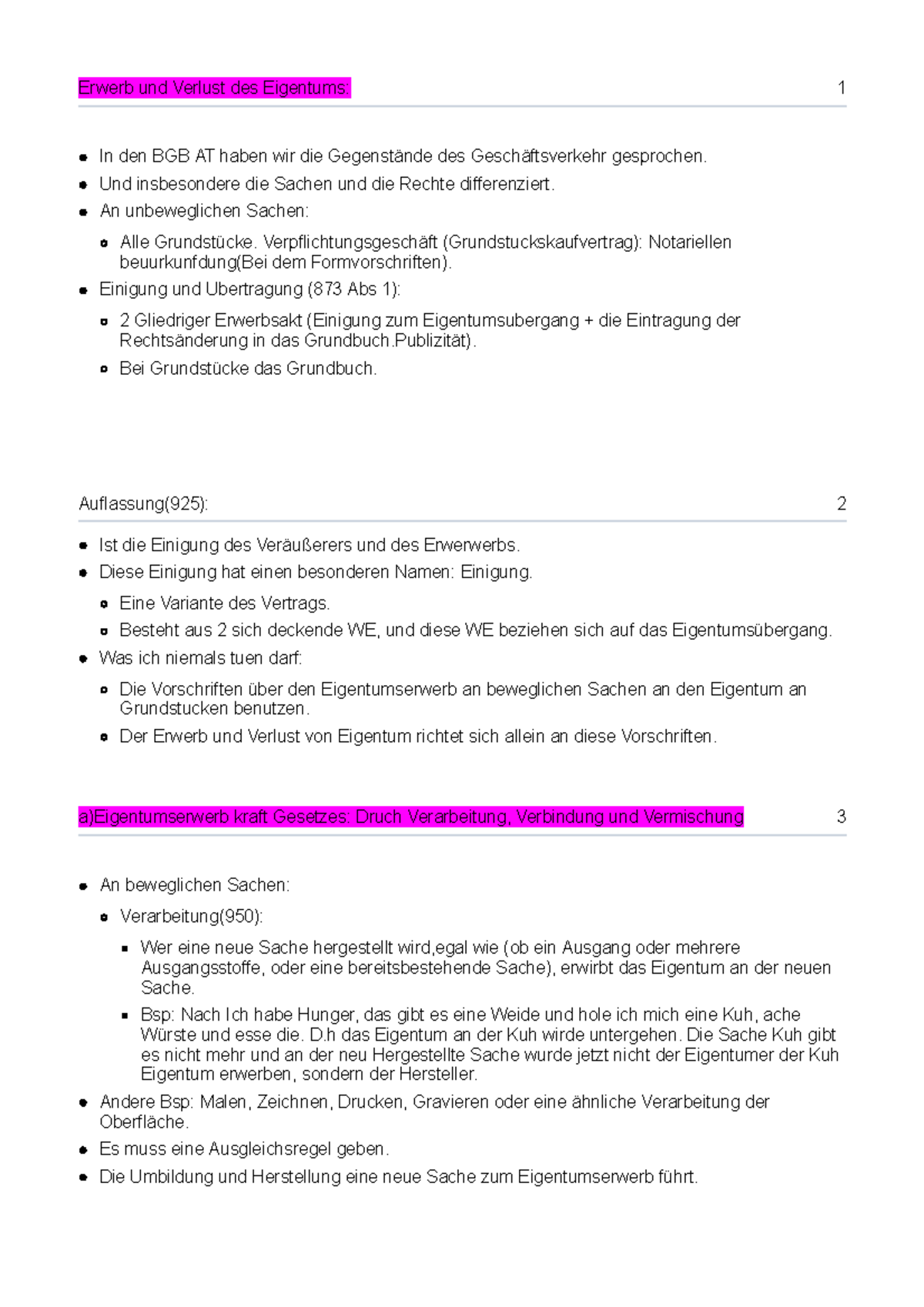 20 Vorlesung Erwerb der Sache - Erwerb und Verlust des Eigentums: 1 In ...