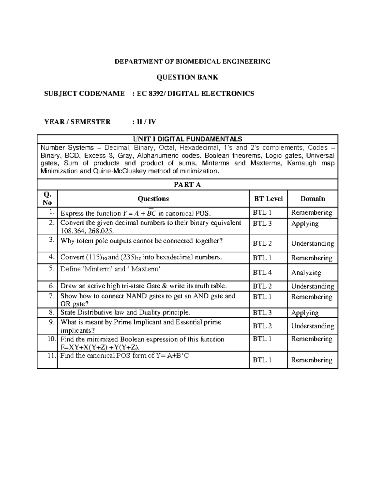 EC8392 - DE Question BANK - DEPARTMENT OF BIOMEDICAL ENGINEERING ...