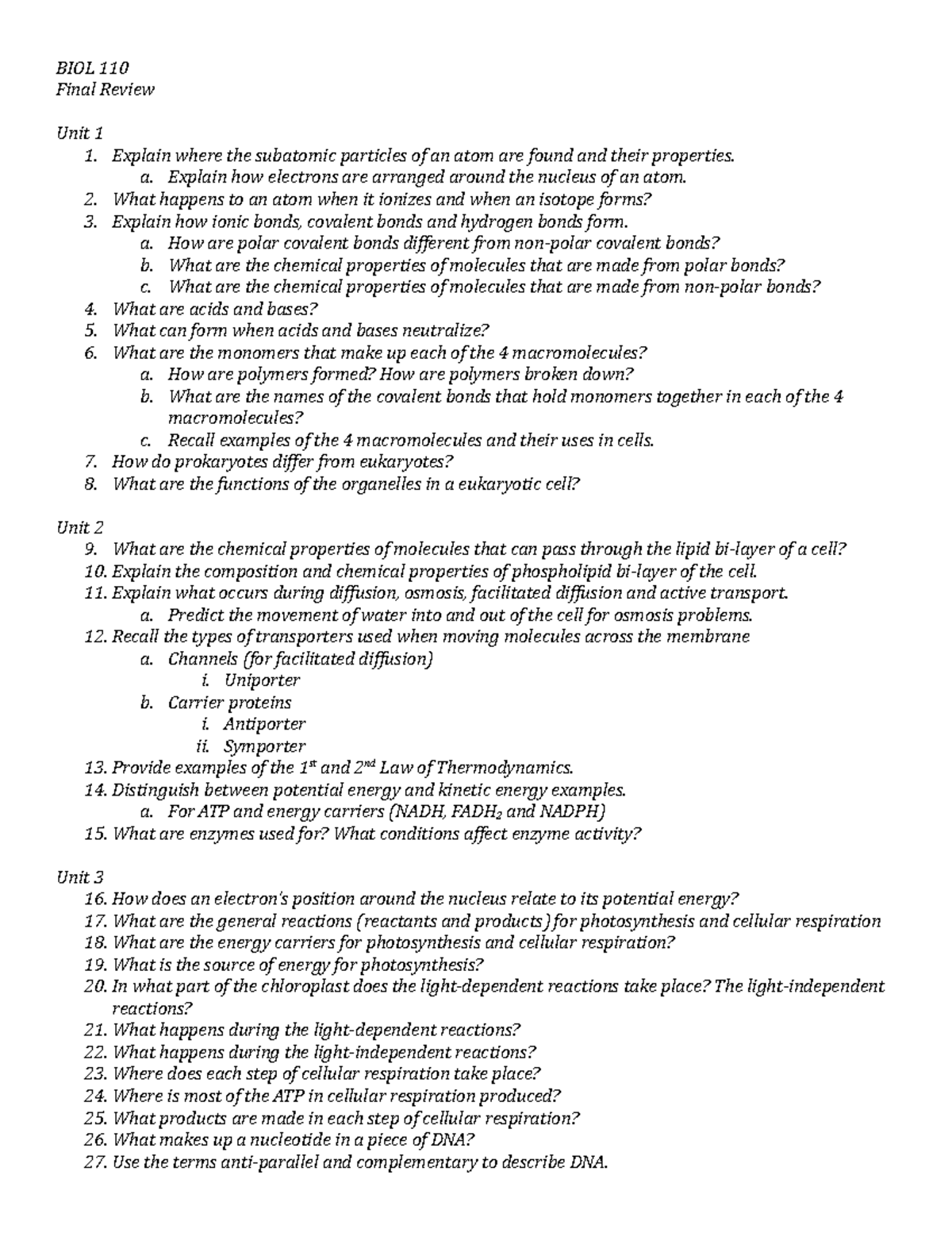 BIOL 110 Final Review Fall 2021 - BIOL 110 Final Review Unit 1 1 ...