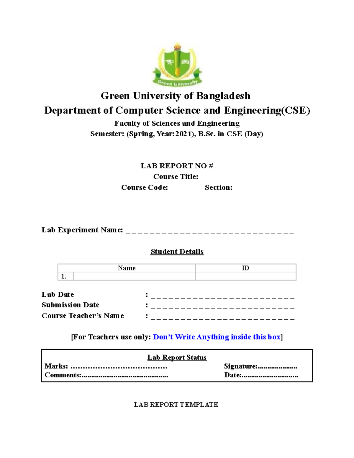 Lab Report Template - Green University of Bangladesh Department of ...