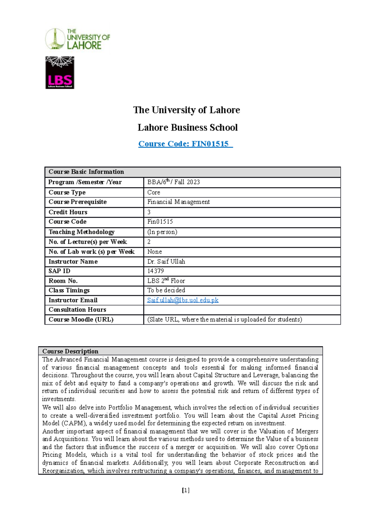 AFM Outline Fall 2023 - Notes of AFM - The University of Lahore Lahore ...