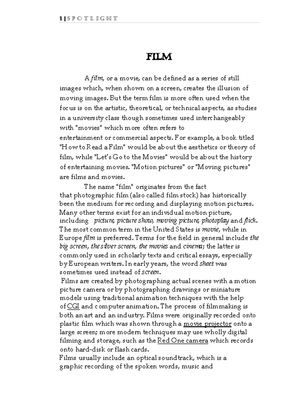 Spotlight Film Studies core reading text FILm A film, or a movie