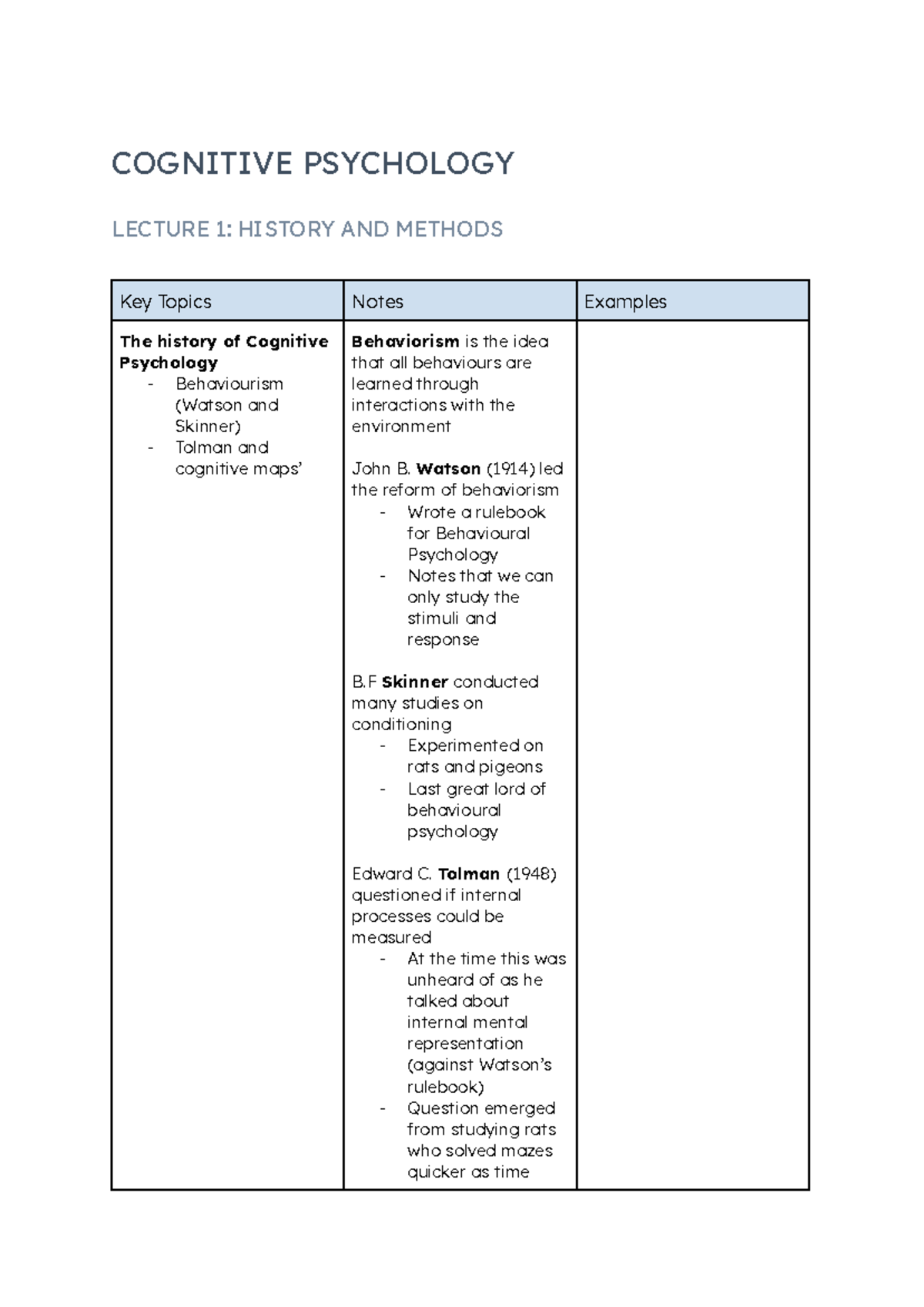 PSYCH1002 Notes Week 1 - COGNITIVE PSYCHOLOGY LECTURE 1: HISTORY AND ...