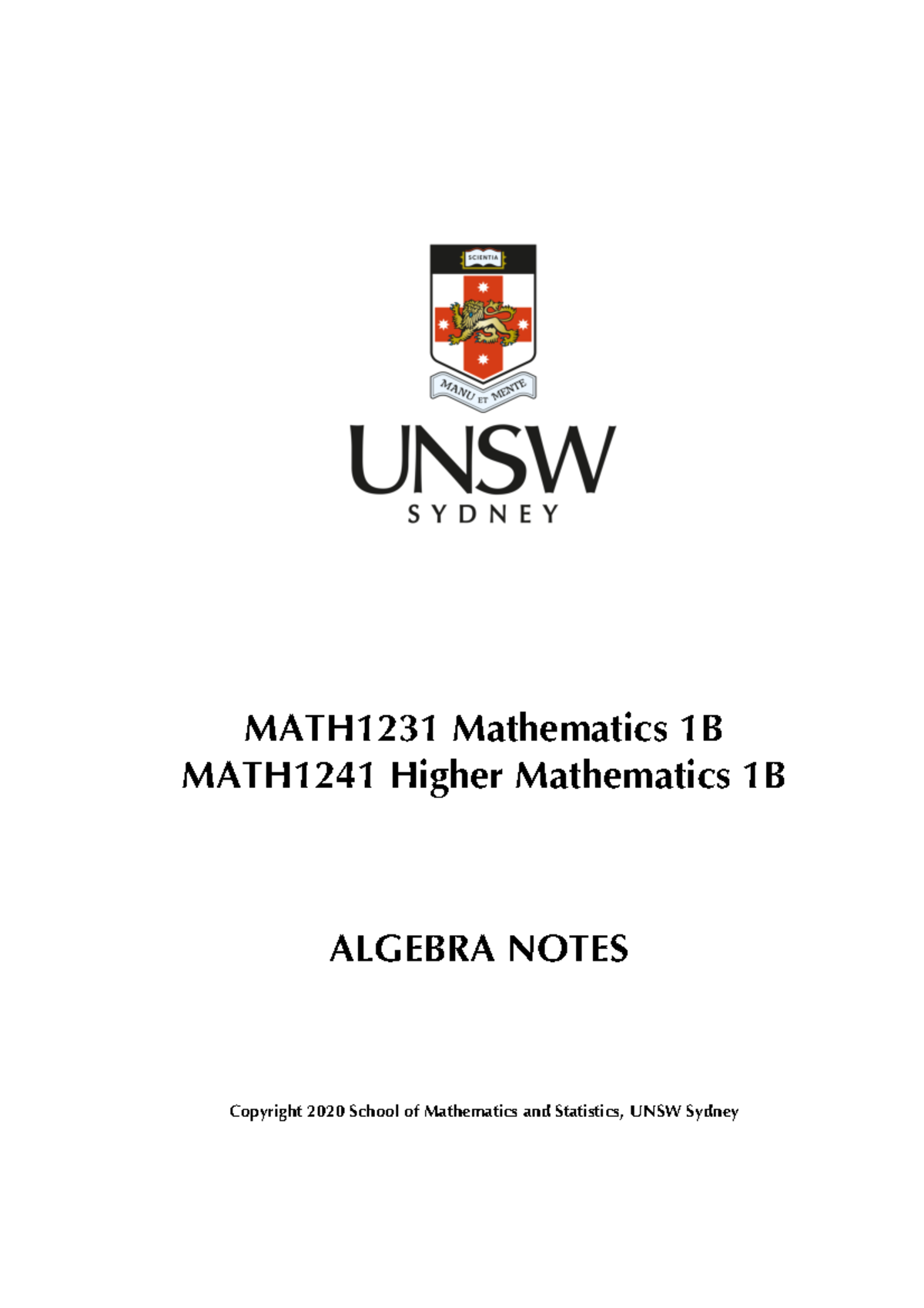 Algebra Exercise Answers Math1231 Mathematics 1b Math1241 Higher