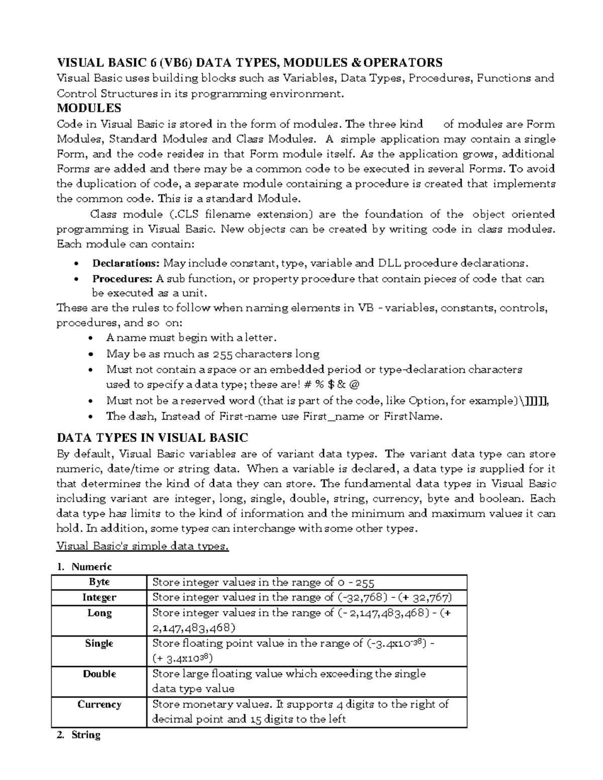 Vb-1 - Valid - VISUAL BASIC 6 (VB6) DATA TYPES, MODULES & OPERATORS ...