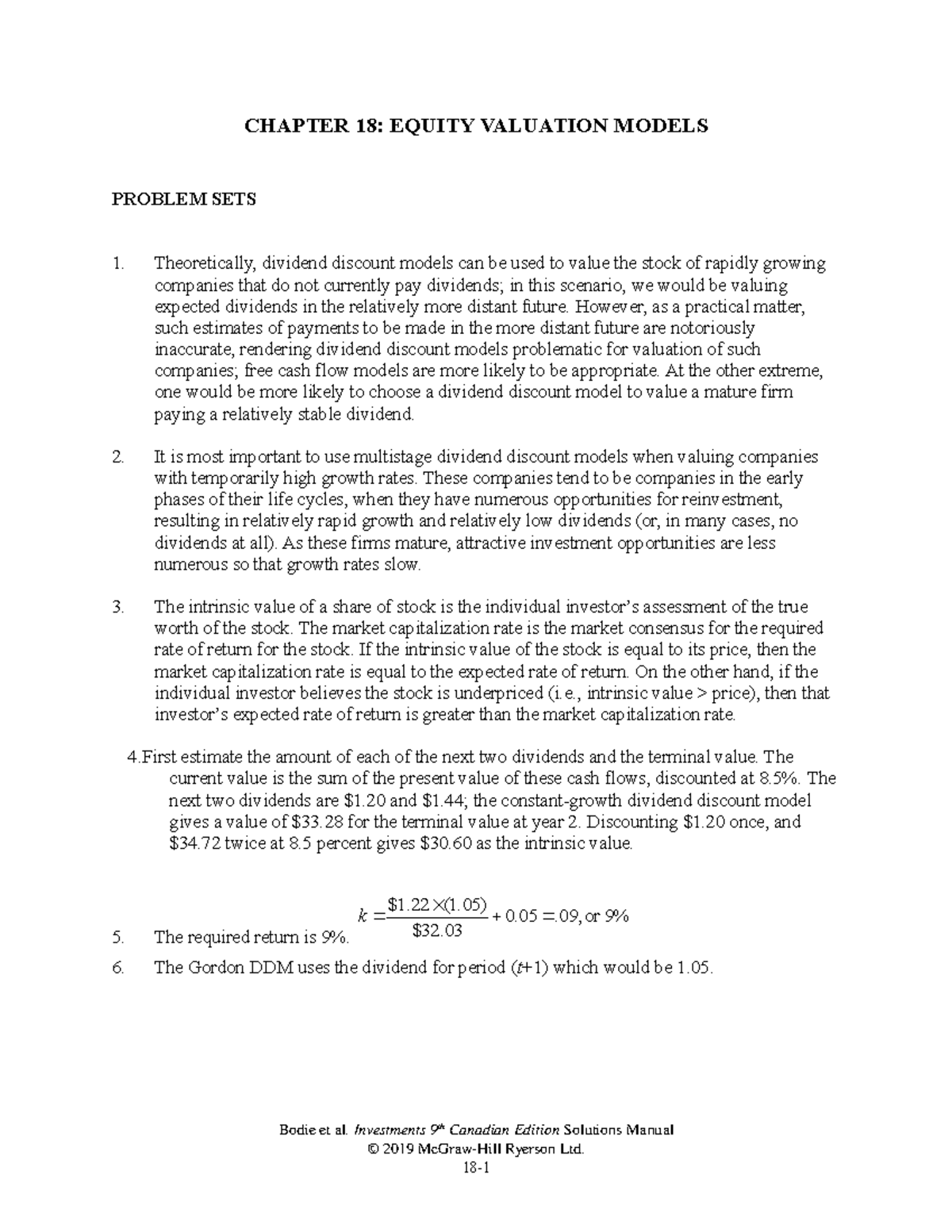 Bodie 9ce SM Ch18 Final - Corrigé des exercices du livre - CHAPTER 18 ...