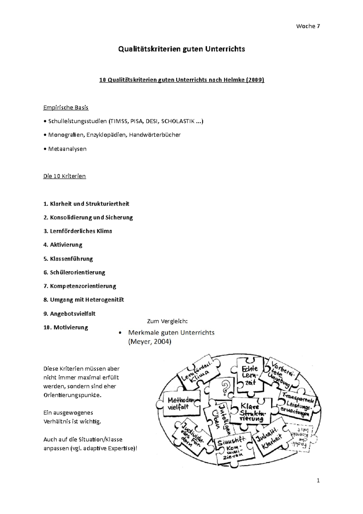 Helmke Merkmale Guten Unterrichts Qualitätskriterien guten Unterrichts 1-3 - Woche guten guten