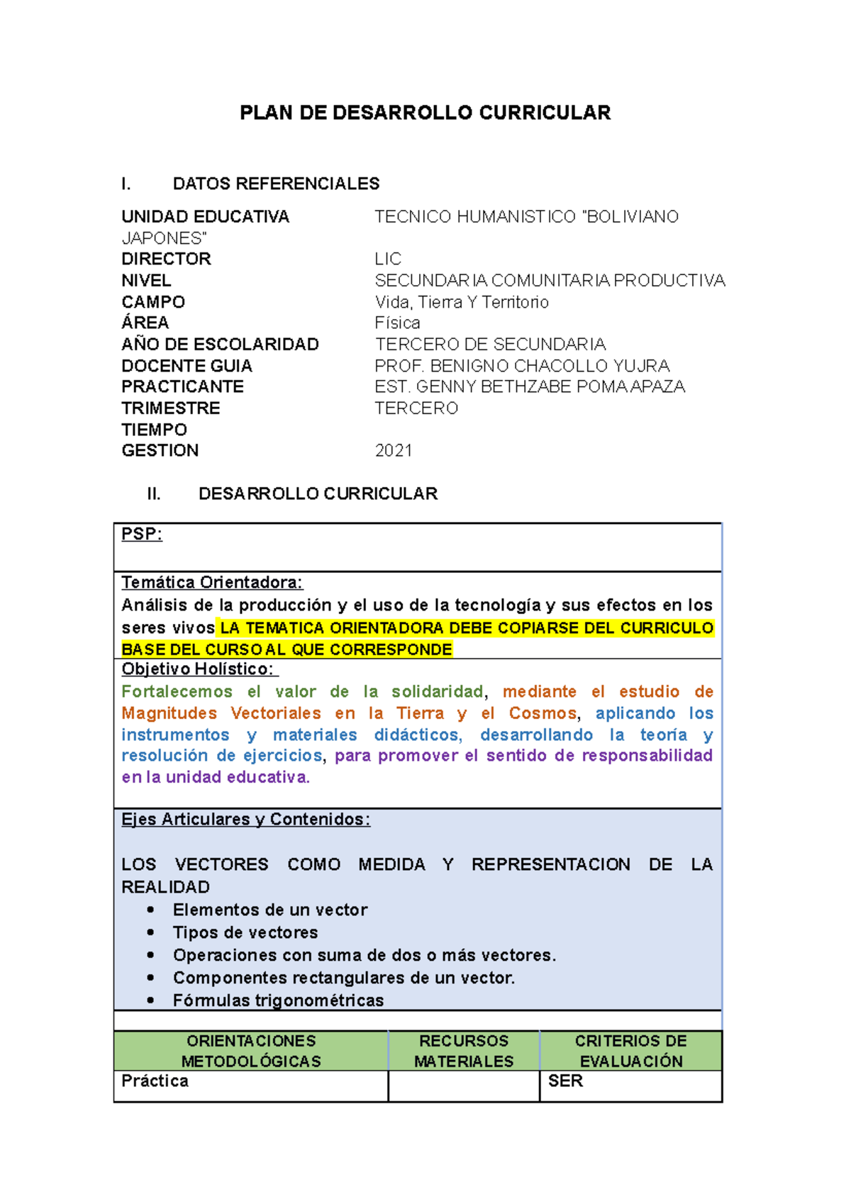 PDC Vectores Corregido - PLAN DE DESARROLLO CURRICULAR I. DATOS ...