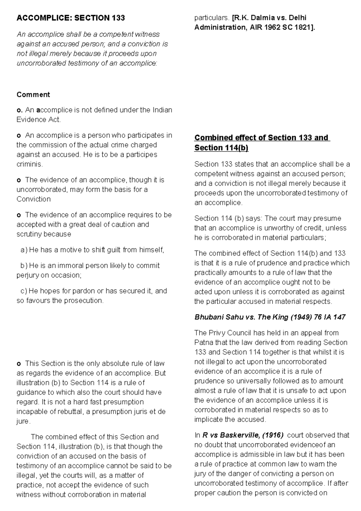 Accomplice - ACCOMPLICE: SECTION 133 An accomplice shall be a competent ...