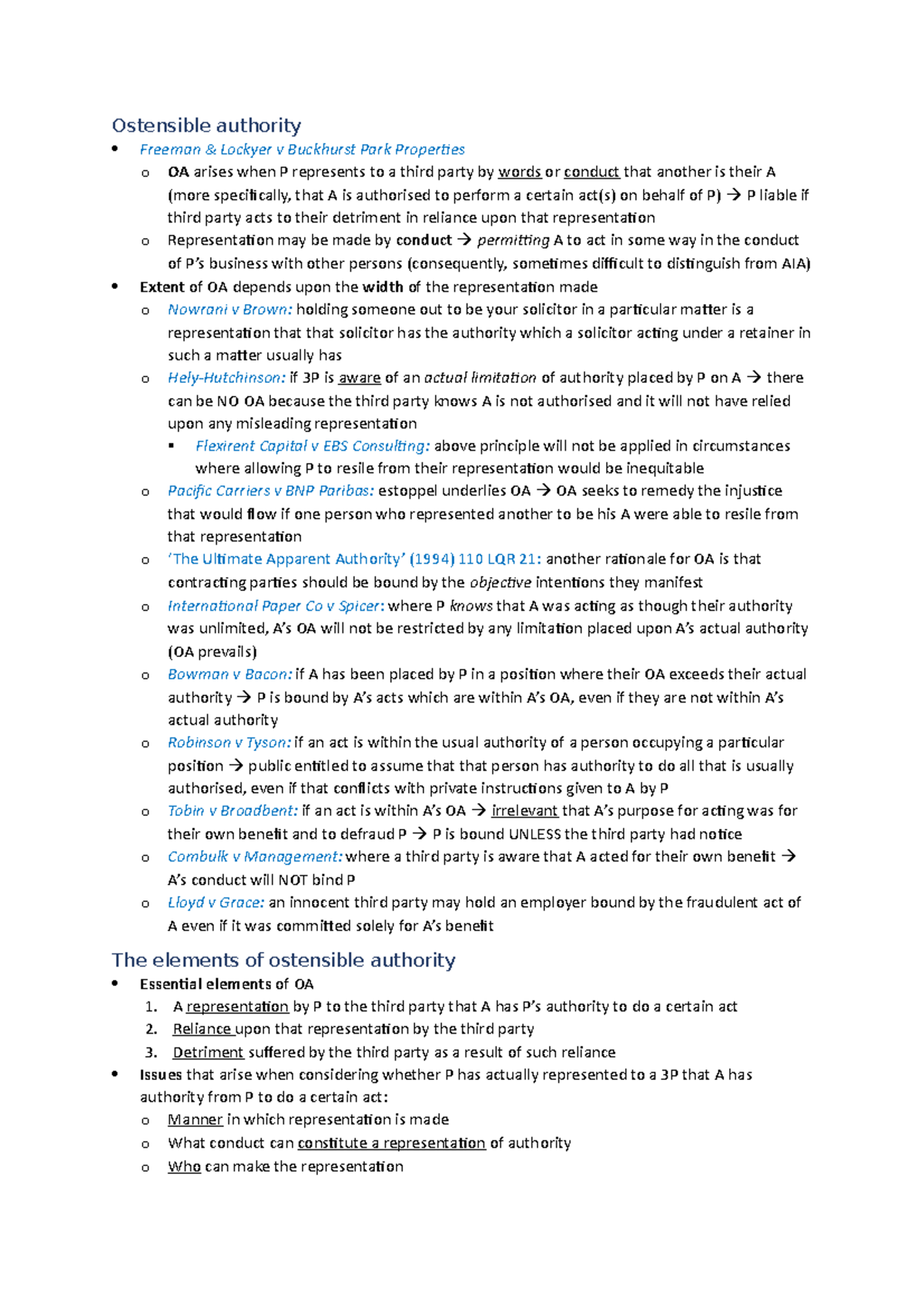 PPL notes part 16.3 Ostensible authority Freeman & Lockyer v
