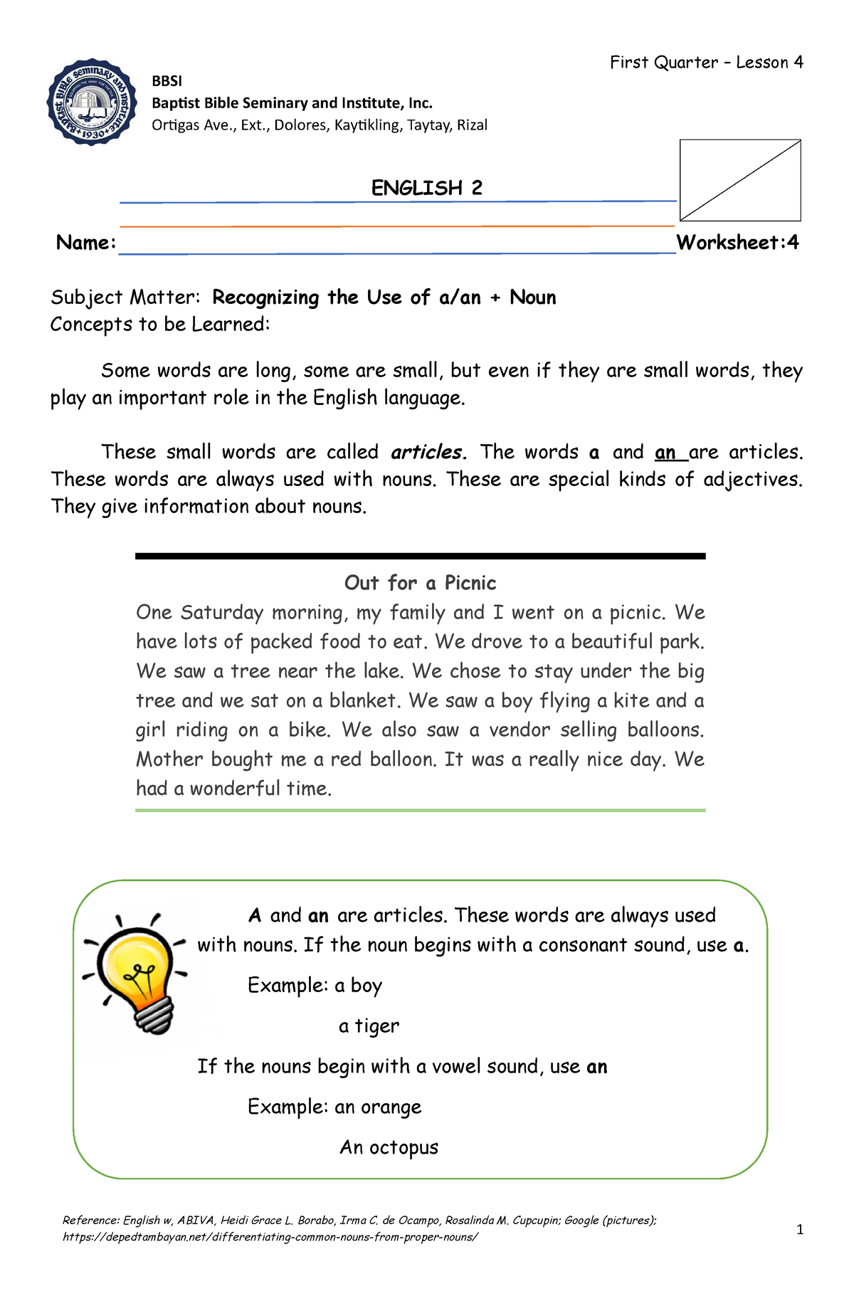 English Lesson 4 - Worksheet - First Quarter – Lesson 4 ENGLISH 2 Name ...