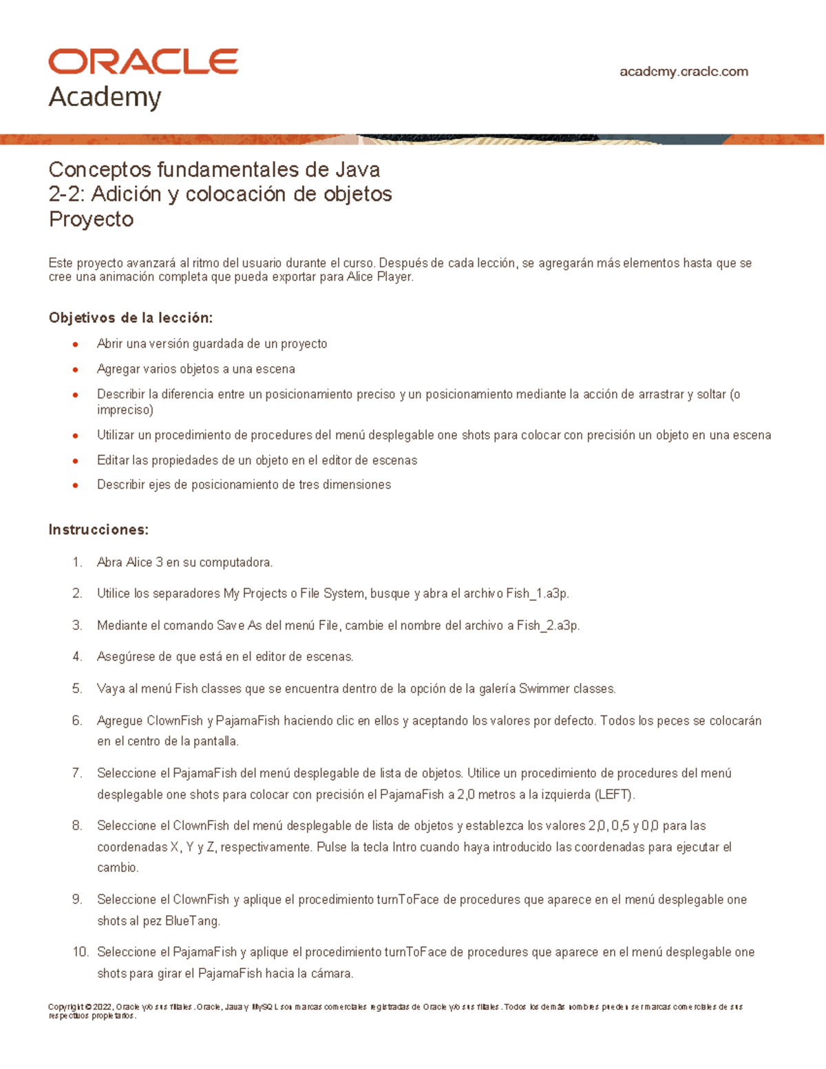 JF 2 2 Project esp - Java Fundamentdal. - Copyright © 2022, Oracle y/o ...