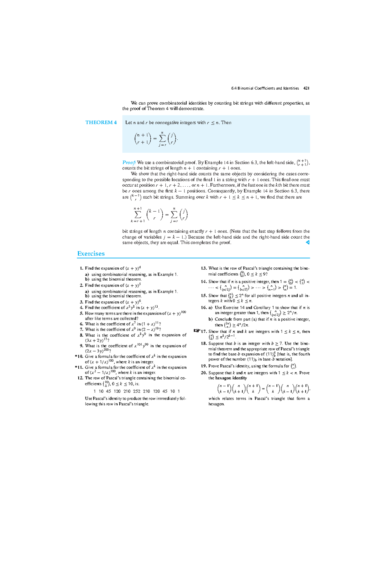 Exercises Generalized Permutations and Combinations 6 Binomial Coefficients and Identities 421
