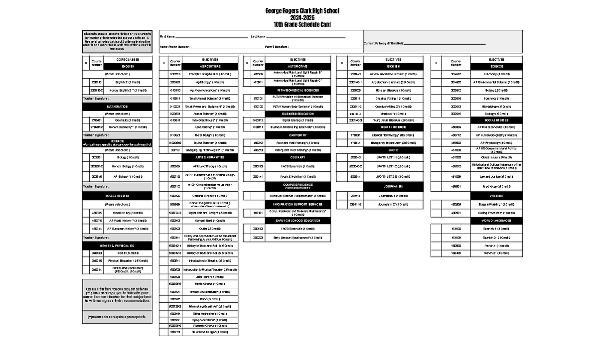 GRC10th grade (20242025) Schedule Sheet Rogers Clark High