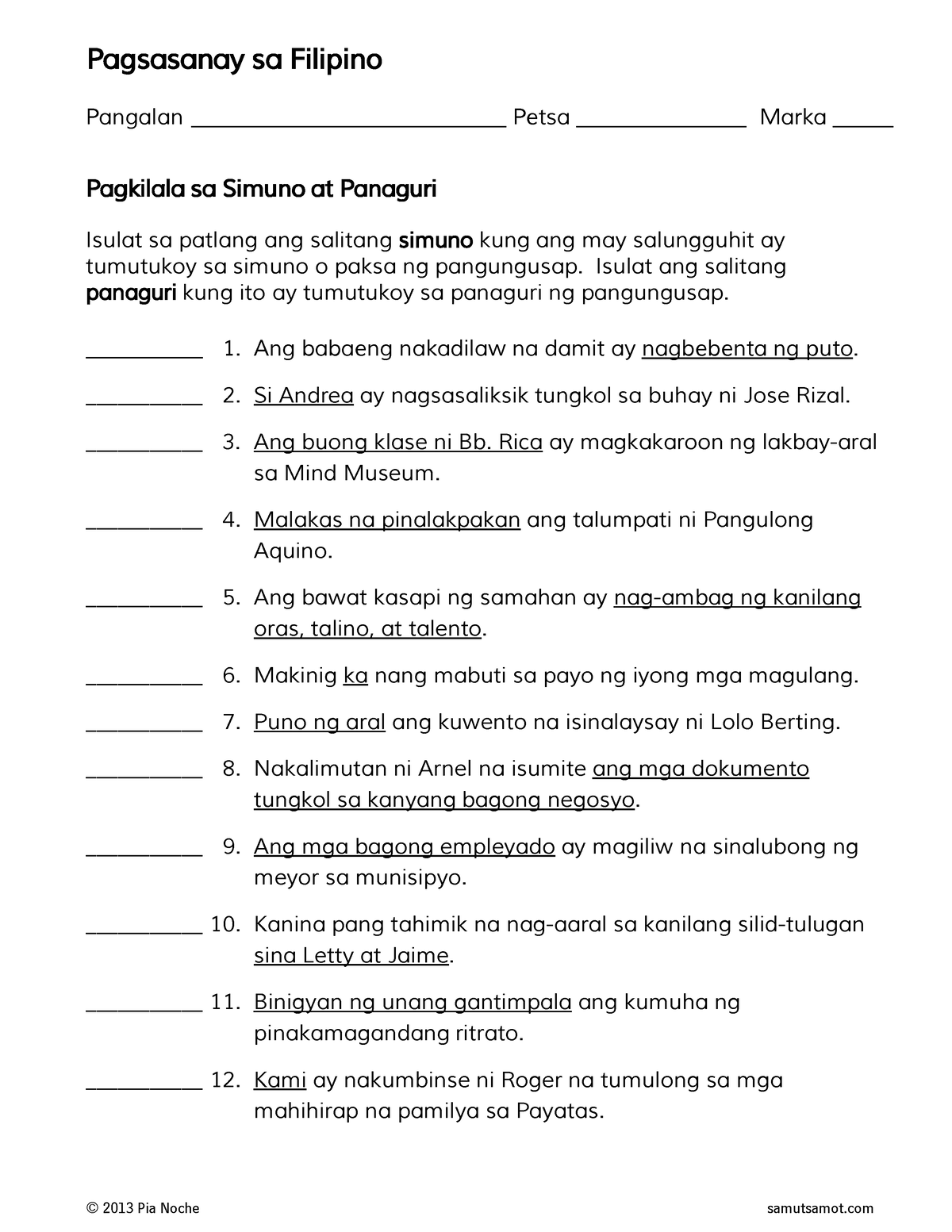 Pagkilala Sa Simuno At Panaguri 2 1 Pagsasanay Sa Filipino Pangalan 2268