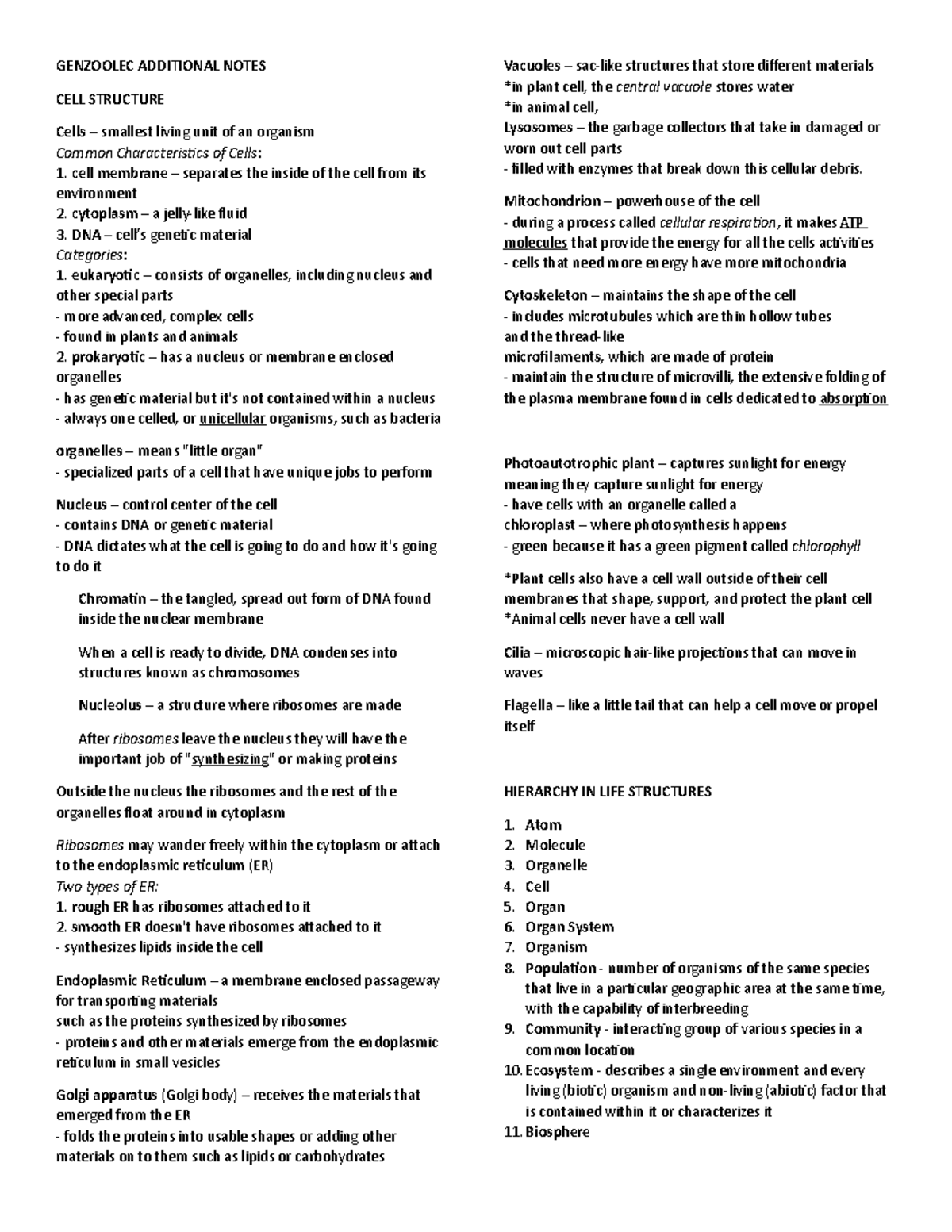 Genzoolec Additional Notes - GENZOOLEC ADDITIONAL NOTES CELL STRUCTURE ...