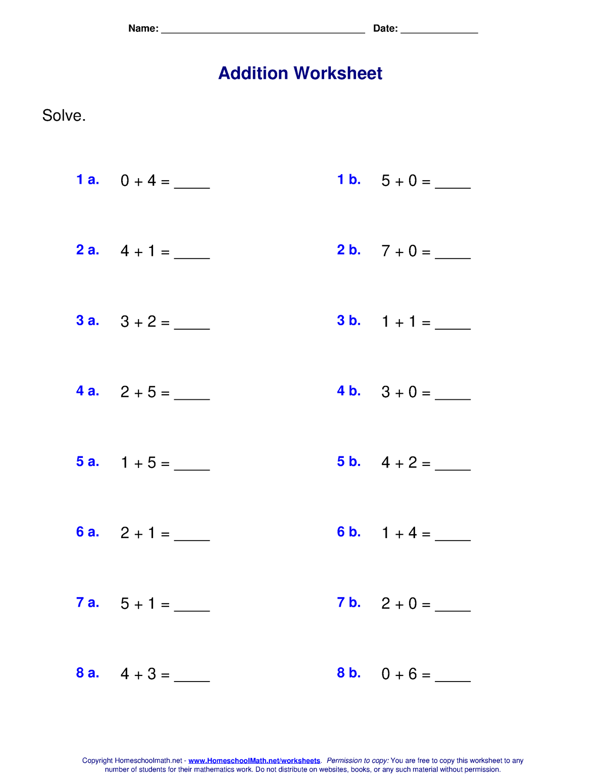 Addition Worksheet - Name: _____________________________________ Date ...