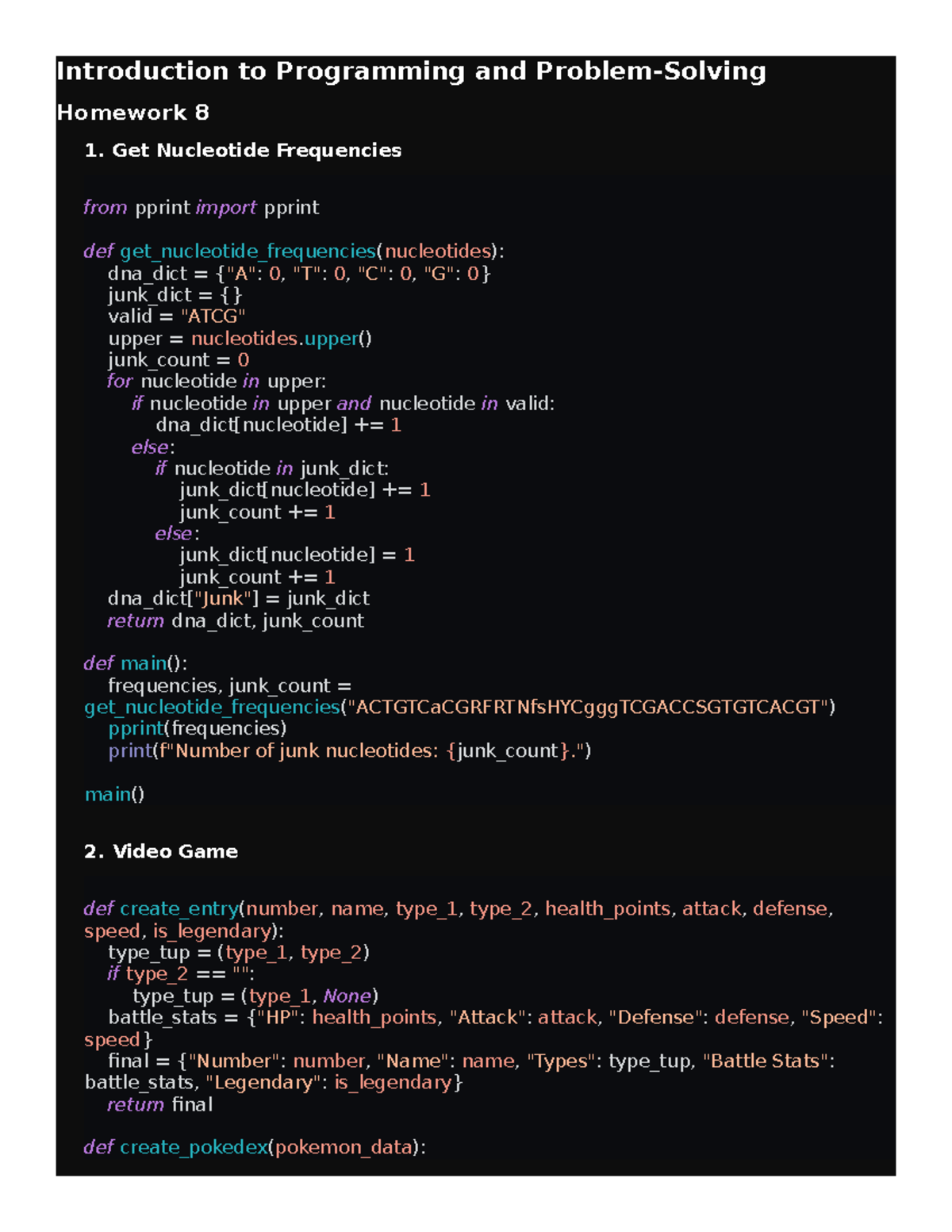 Intro hw 8 - Dictionary practice - Introduction to Programming and ...
