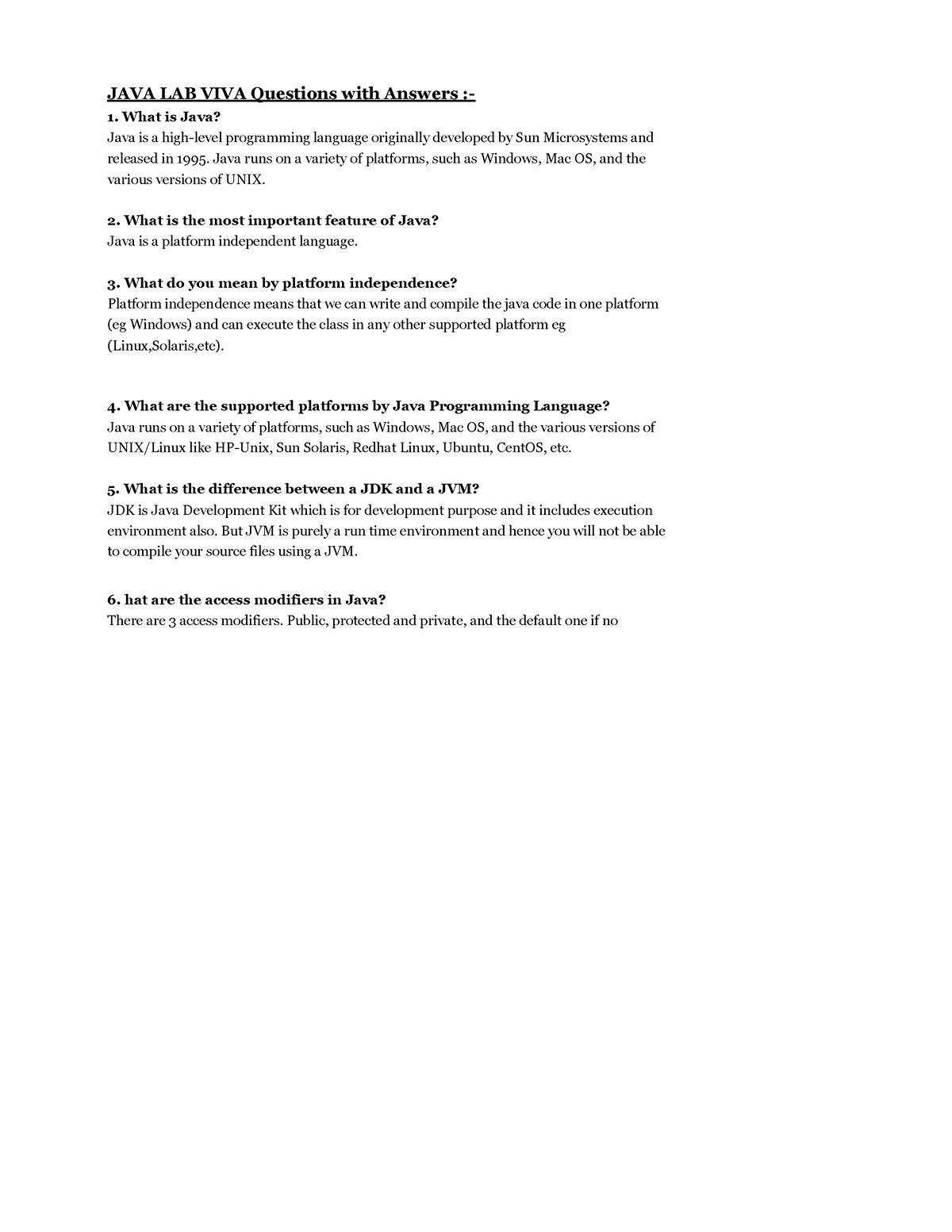 Java programming viva questions JAVA LAB VIVA Questions with