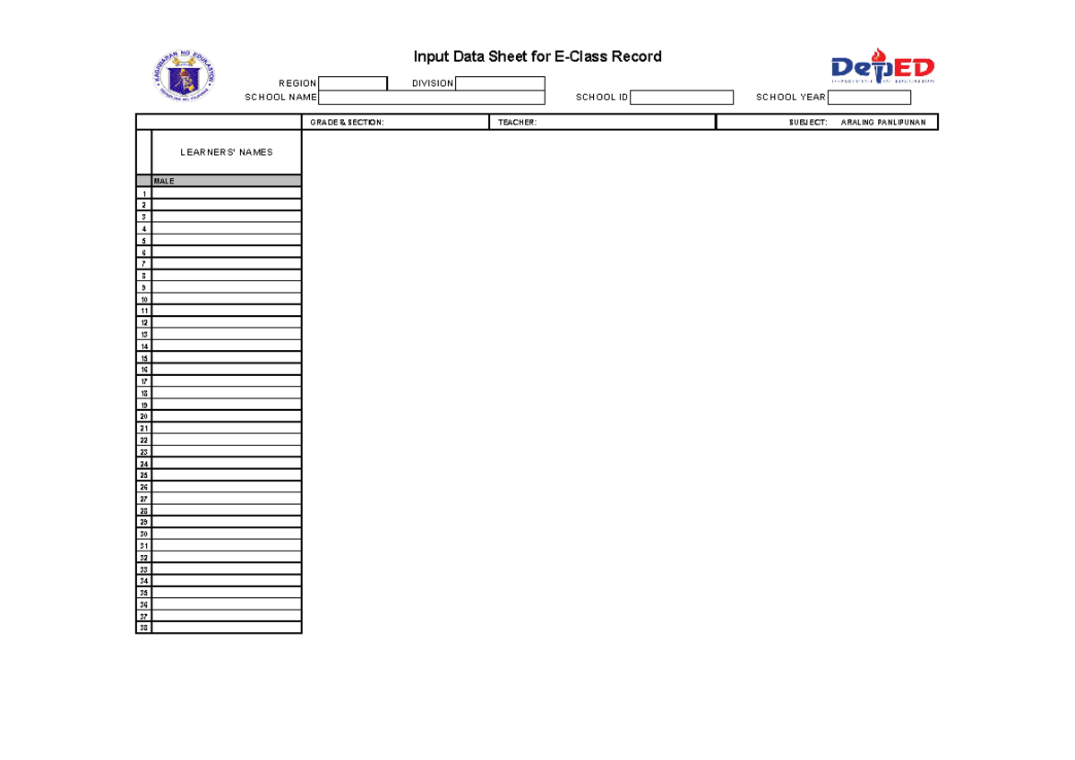 Grade-7-10 Araling- Panlipunan - Input Data Sheet For E-Class Record ...