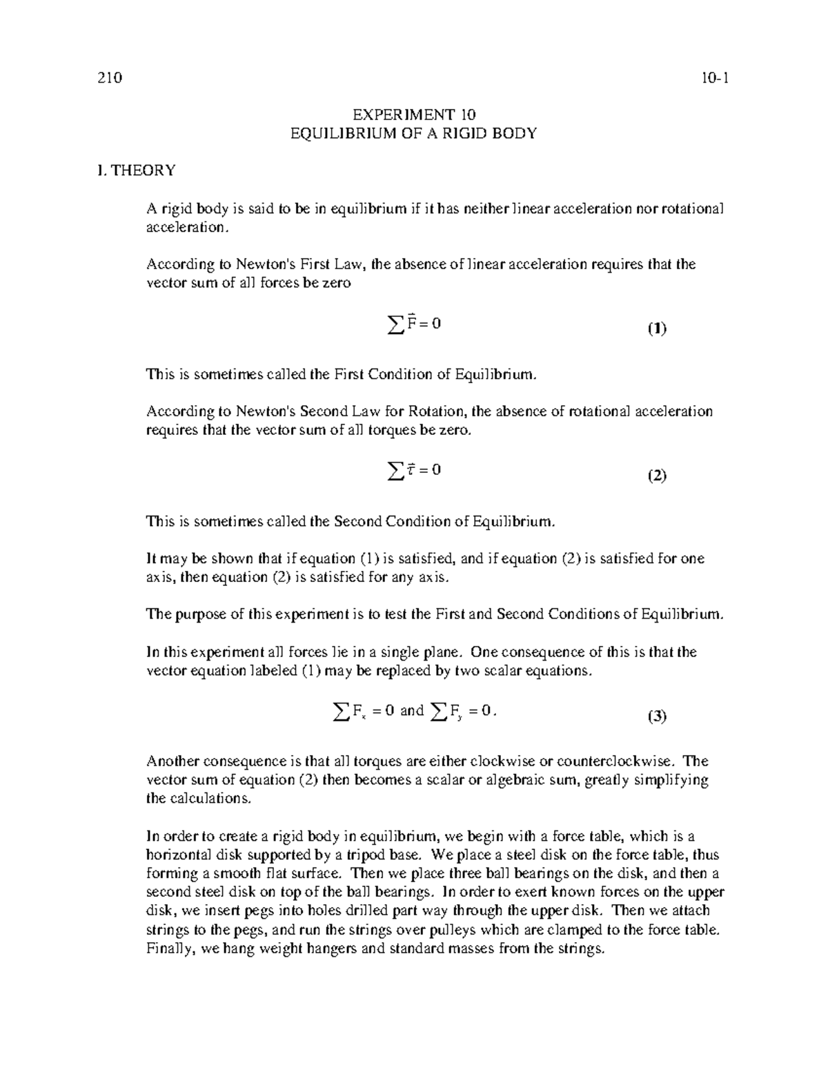 Lab10 - lab report - EXPERIMENT 10 EQUILIBRIUM OF A RIGID BODY I ...