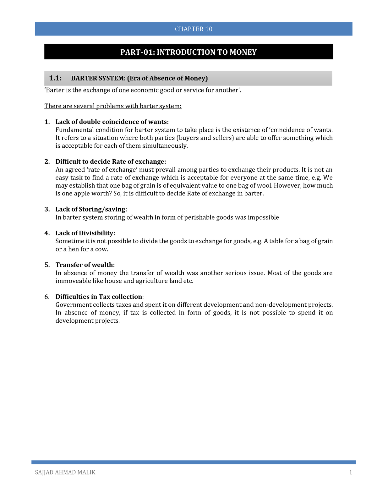 Chapter 10 - notes - 1: BARTER SYSTEM: (Era of Absence of Money ...