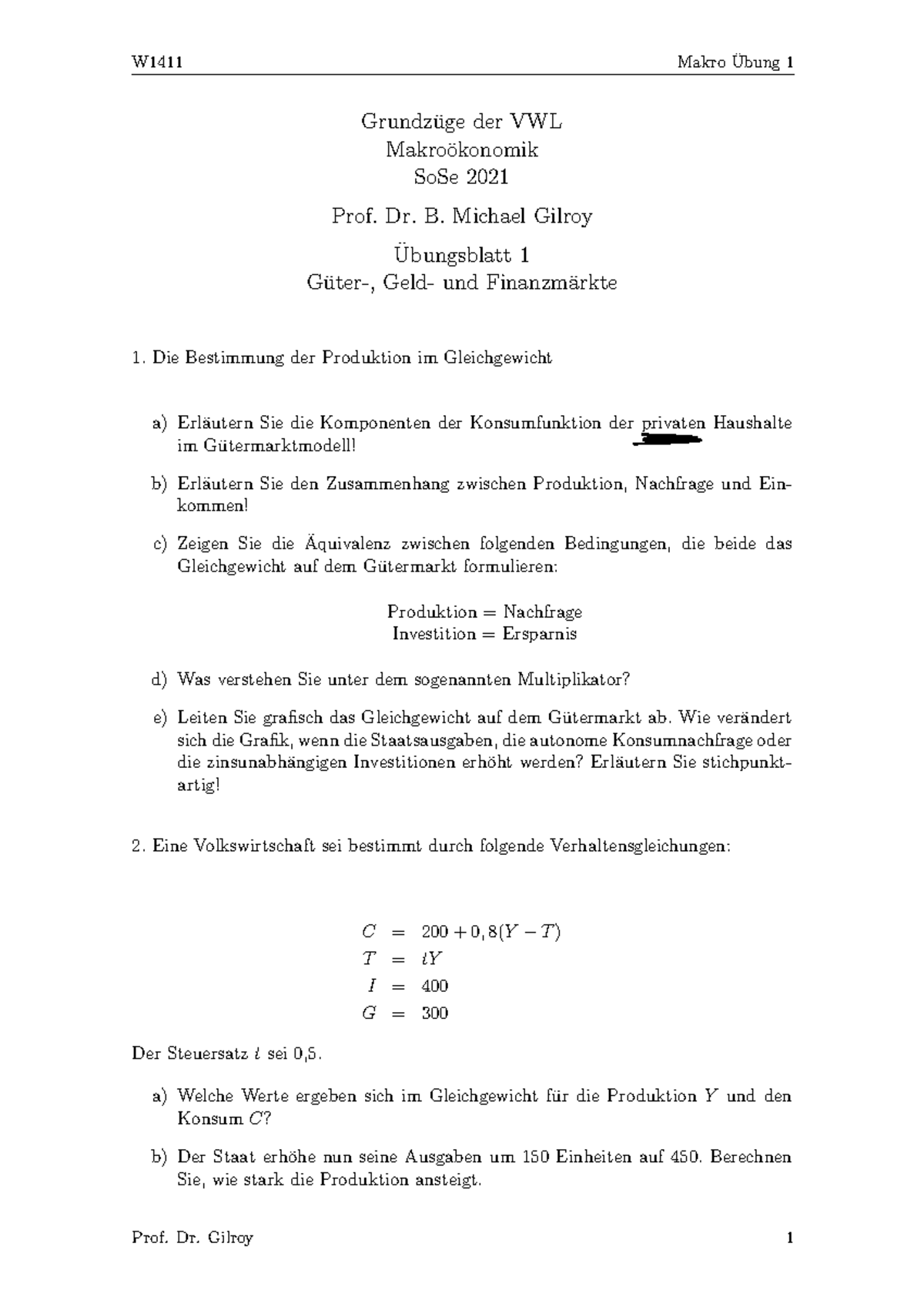 Übungsblatt Makro Volkswirtschaftslehre Güter Geld Finanzmärkte - W1411 ...