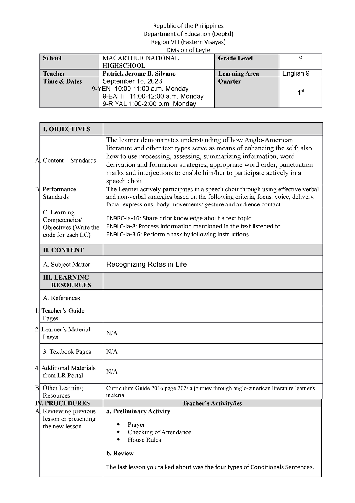 English 9 LP 9th - Copy - Department of Education (DepEd) Region VIII ...